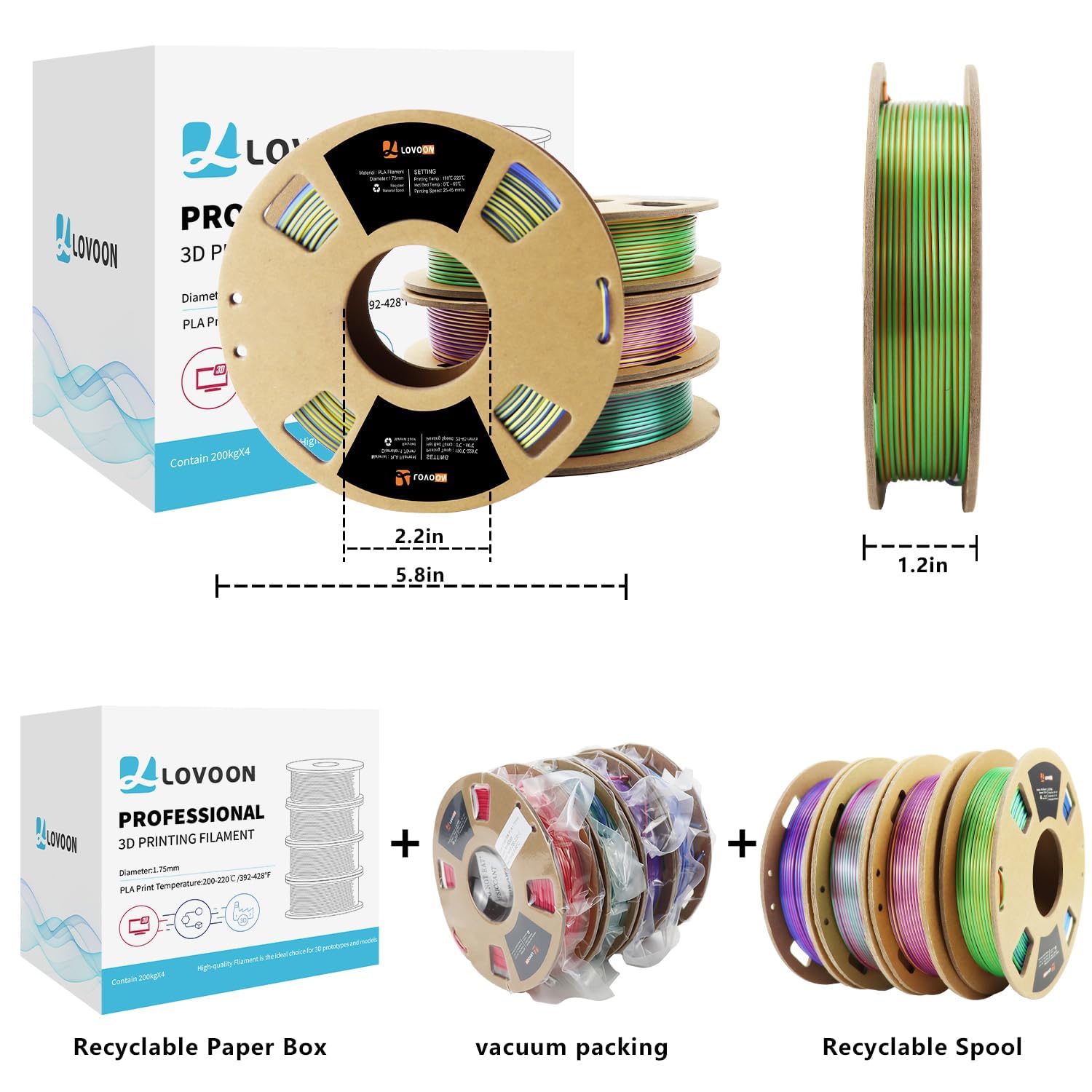 Lovoon 3D Pla Filament 1.75Mm Bundle, Tricolor 3D Printer Filament Bundle, Rainbow Silk Pla Filament Bundle, Pla Filament For 3D