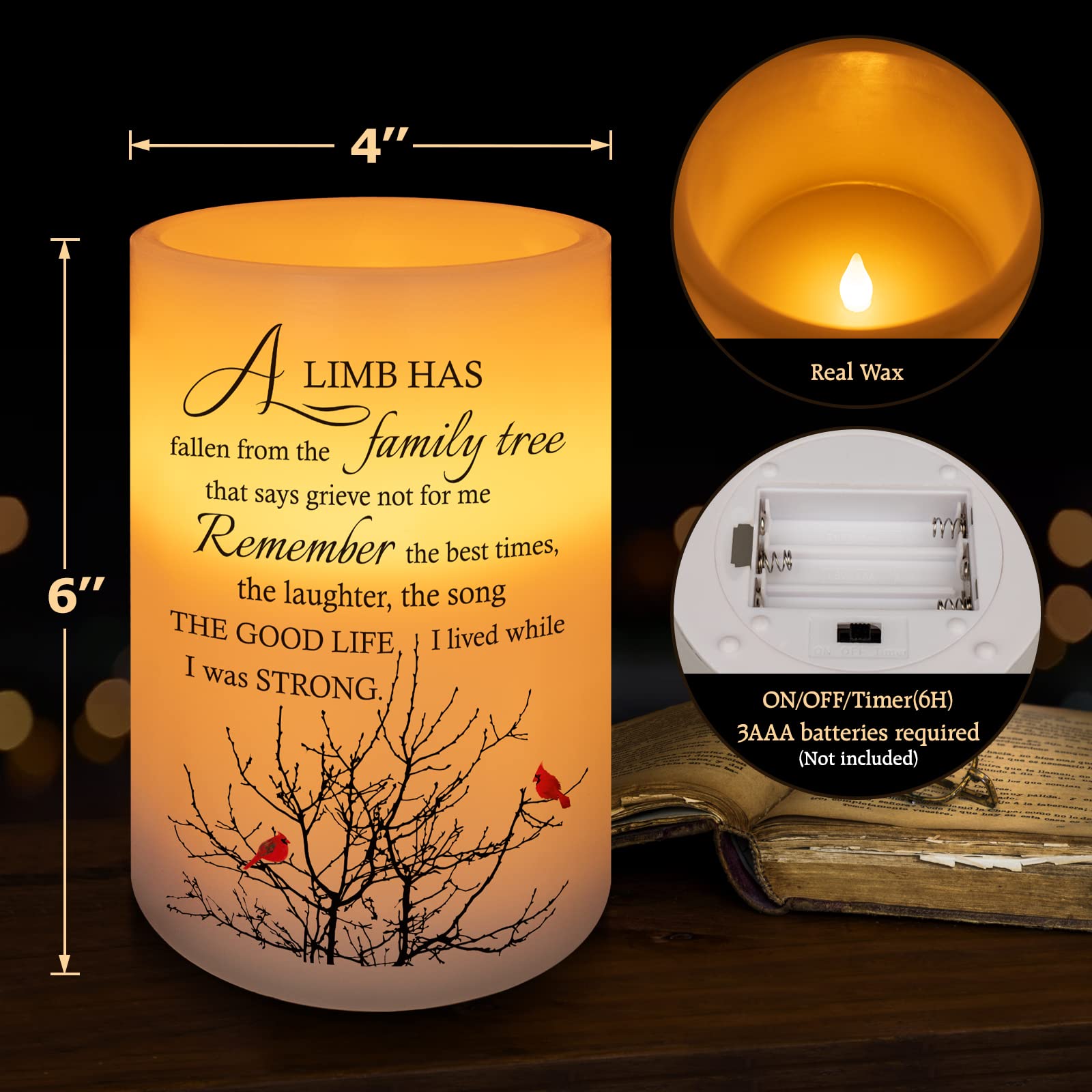 Hn Haiinaa Sympathy Candle   Custom Memorial Gift, Realistic Wax, Printed Poetic Words And Lilies, Battery Operated, 6H Timer, S