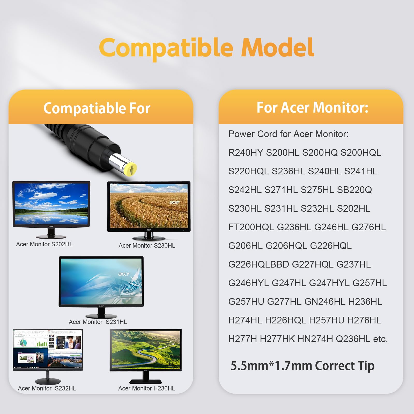 19V Power Cord For Acer Monitor S202Hl S271Hl Sb220Q R240Hy R221Q R271 S220Hql S230Hl S231Hl S232Hl S240Hl S241Hl; H226Hql H236Hl H276Hl G226Hql G236Hl G246Hl Gn246Hl Monitor Power Supply 65W