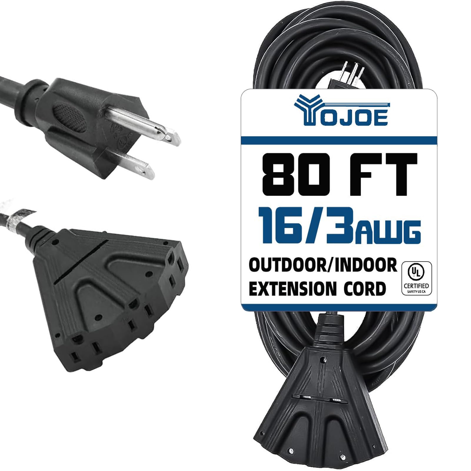 Yojoe 3 Outlets Indoor Outdoor Extension Cord, 3 Prong 10A Weatherproof Power Cord Multiple Outlets, 16 Gauge Heavy Duty 80 Ft B