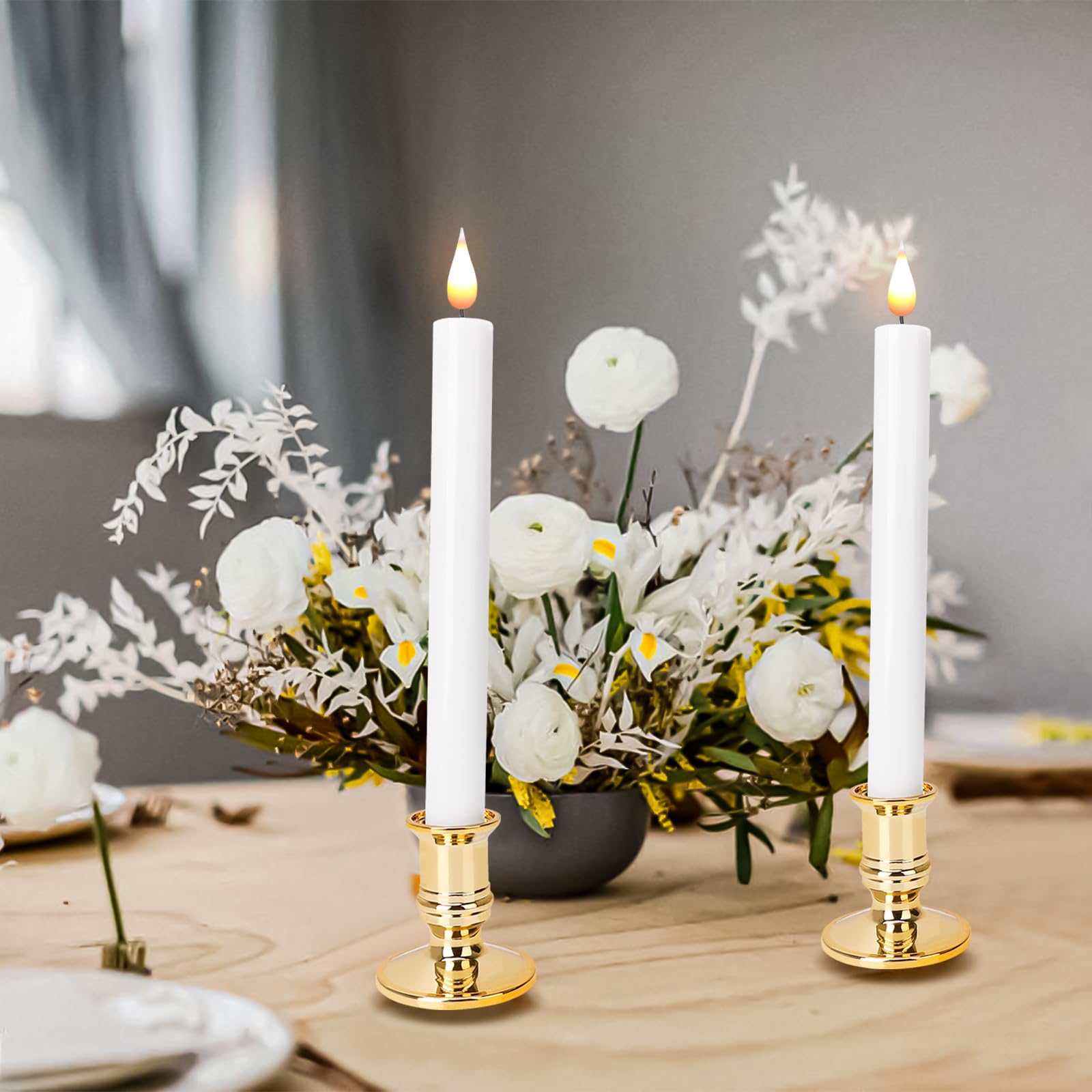 Led Flameless Window Candles With Remote Timer Gold Base 10 Pcs Battery Operated Flickering Taper Candle Lights With Removable C