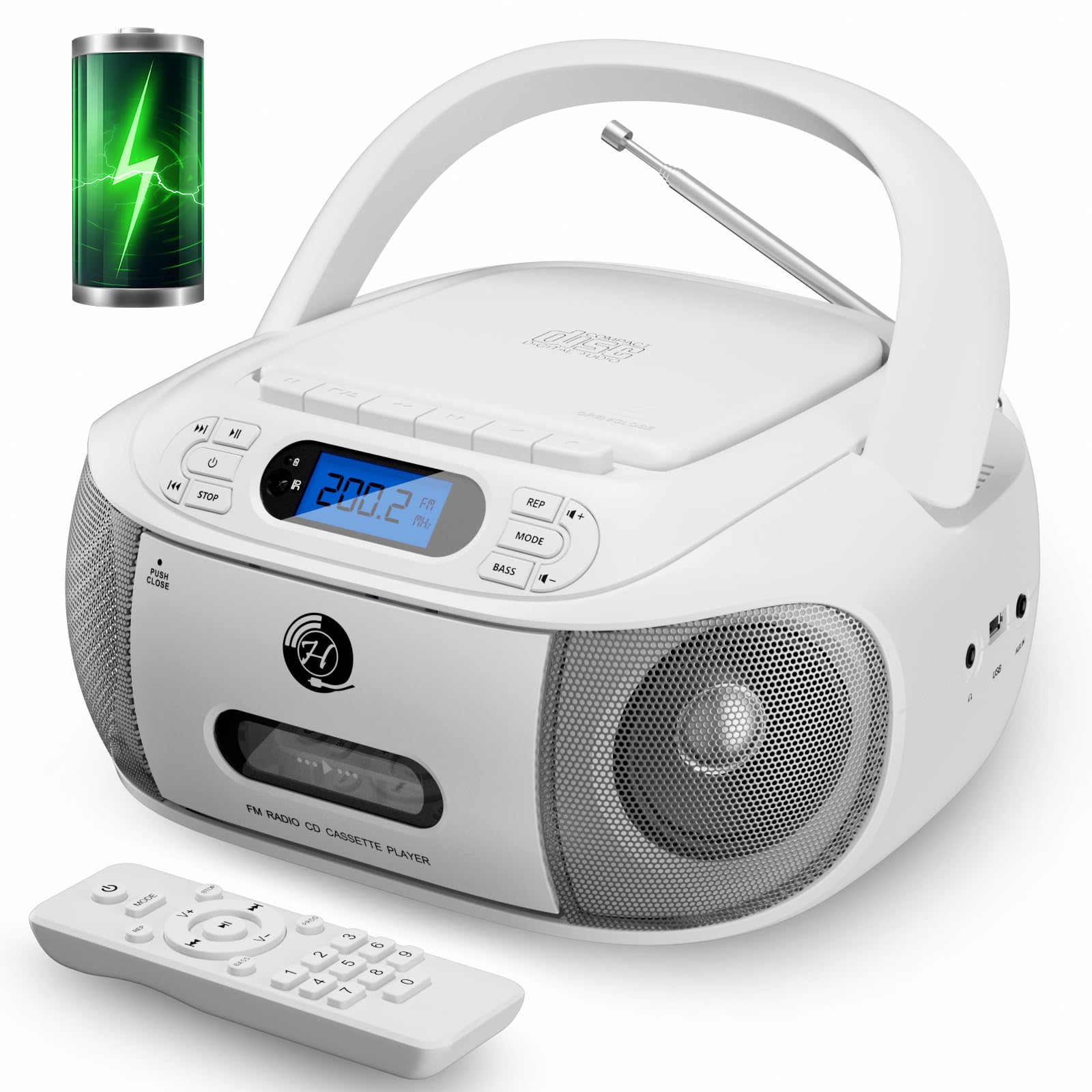 CD Cassette Player Combo, Hernpark Rechargeable Boombox with Bluetooth 5.1, CD Player with Remote Control, Tape Recording, FM Ra