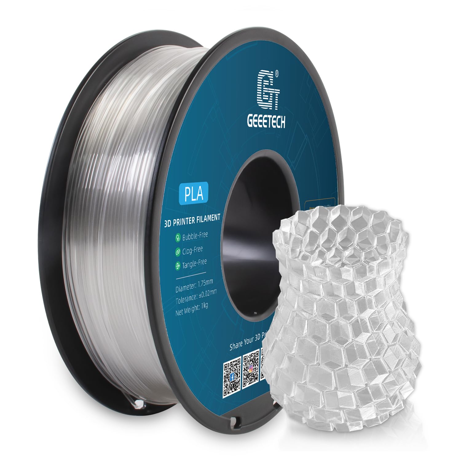 Geeetech Clear Pla Filament 1.75Mm, Excellent Transparency, Neatly Wound 3D Printer Filament 1Kg(2.2Lbs), Dimensional Accuracy +