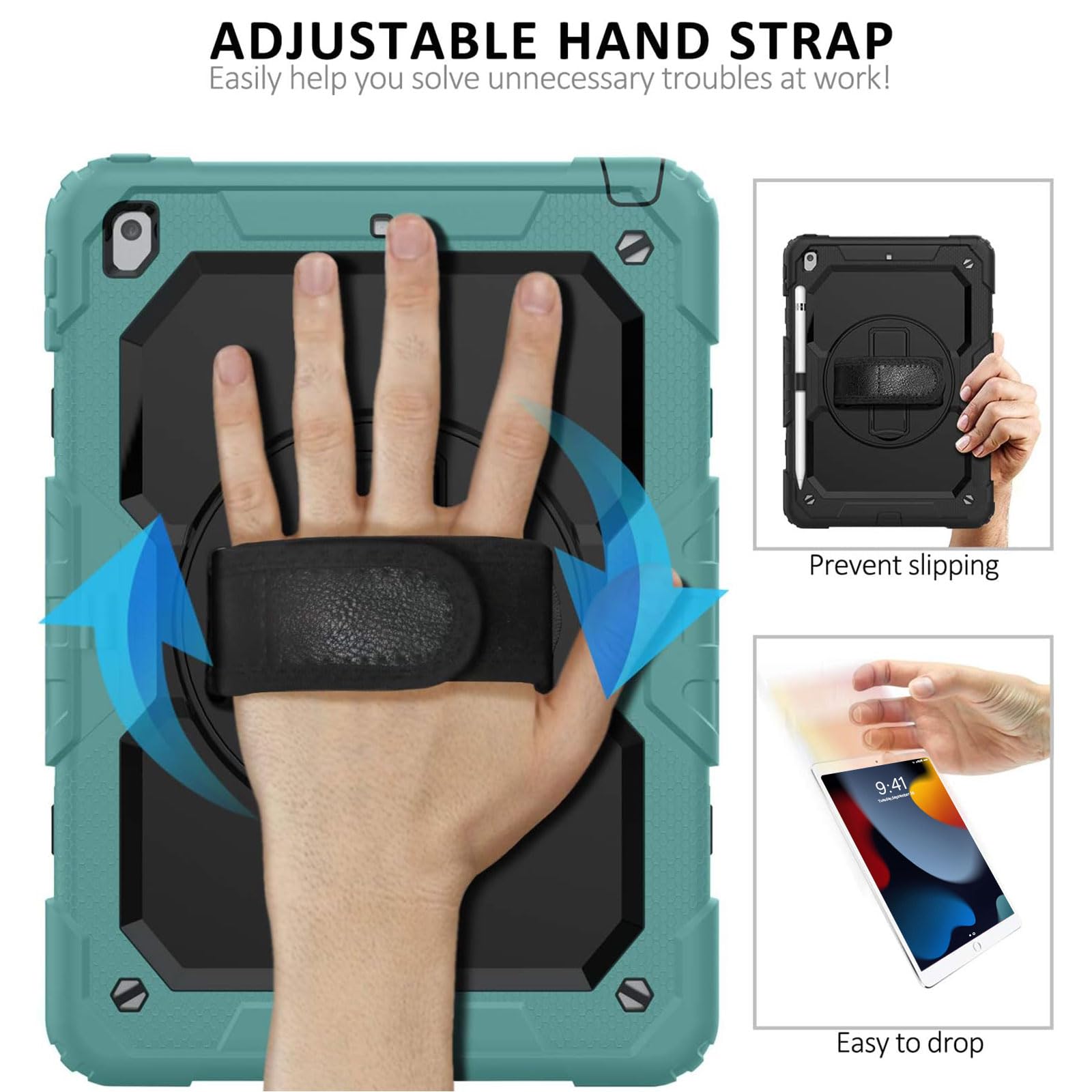 Ambison Case For Ipad 9Th/8Th/7Th Generation 10.2'' 2021/2020/2019, [Kid Proof] Full Body Protective Case With 9H Tempered Glass Screen Protector, 360� Rotatable Kickstand & Hand Strap (Teal & Black)