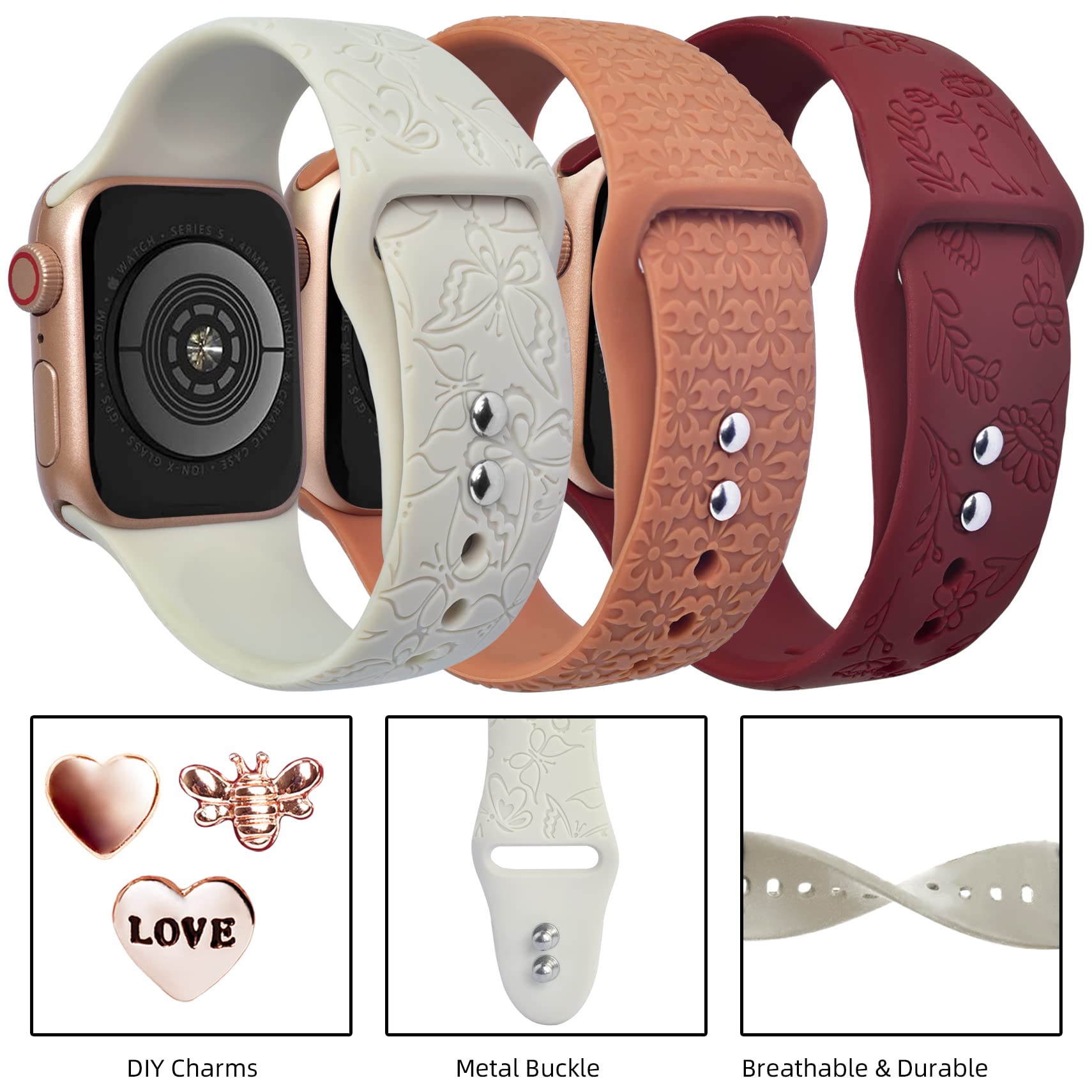 Engraved Bands With Charms Compatible With Apple Watch Bands 38Mm 40Mm 41Mm Women, Oratyfan Soft Sport Silicone Wristbands Flowe