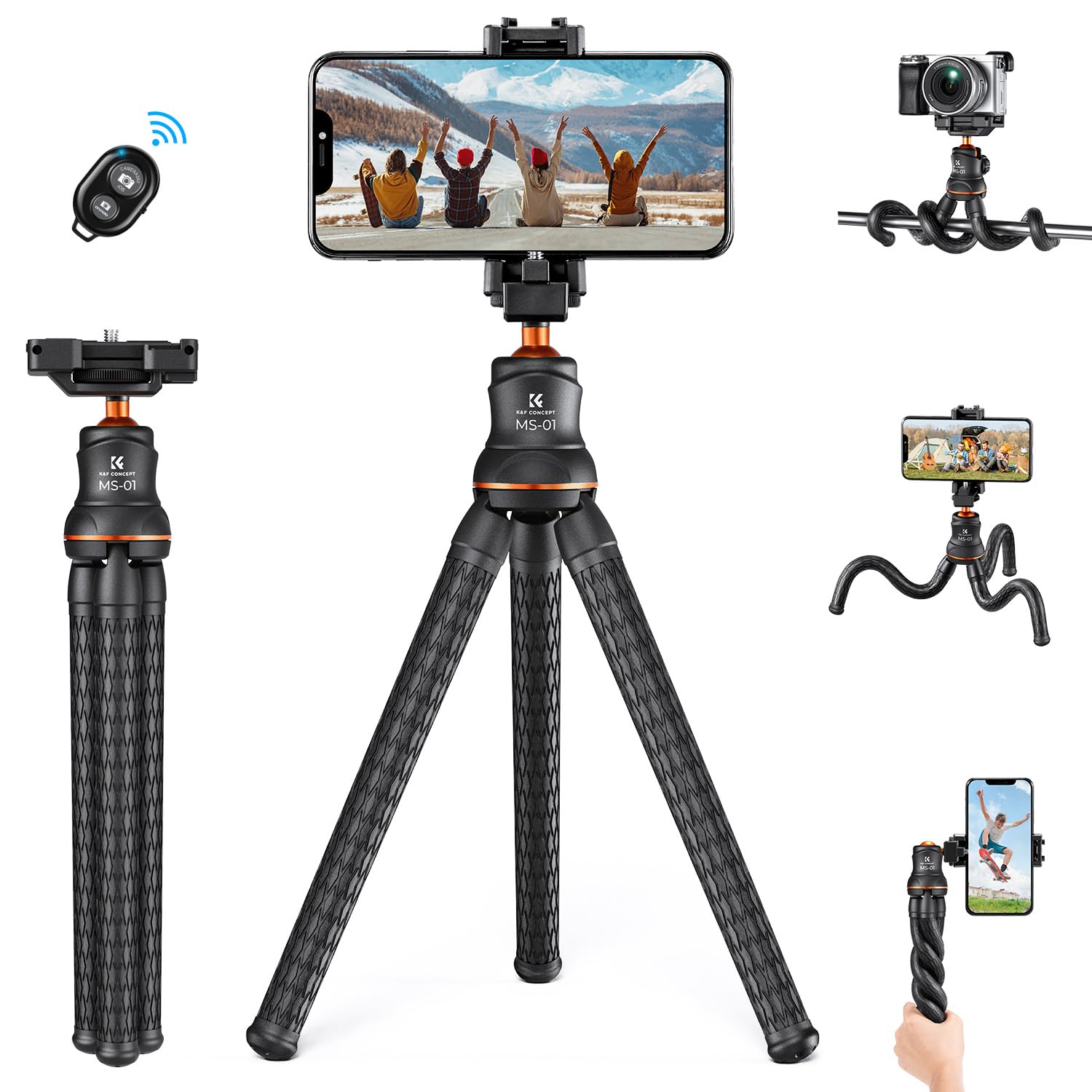 K&F Concept Mini Tripod Stand, Flexible Camera Cellphone Tripod With Bluetooth Remote, 1/4'' Screw With Phone Holder&Cold Shoe, 6.6Lbs Max Load Compatible With Smartphone/Canon Nikon Sony Camera