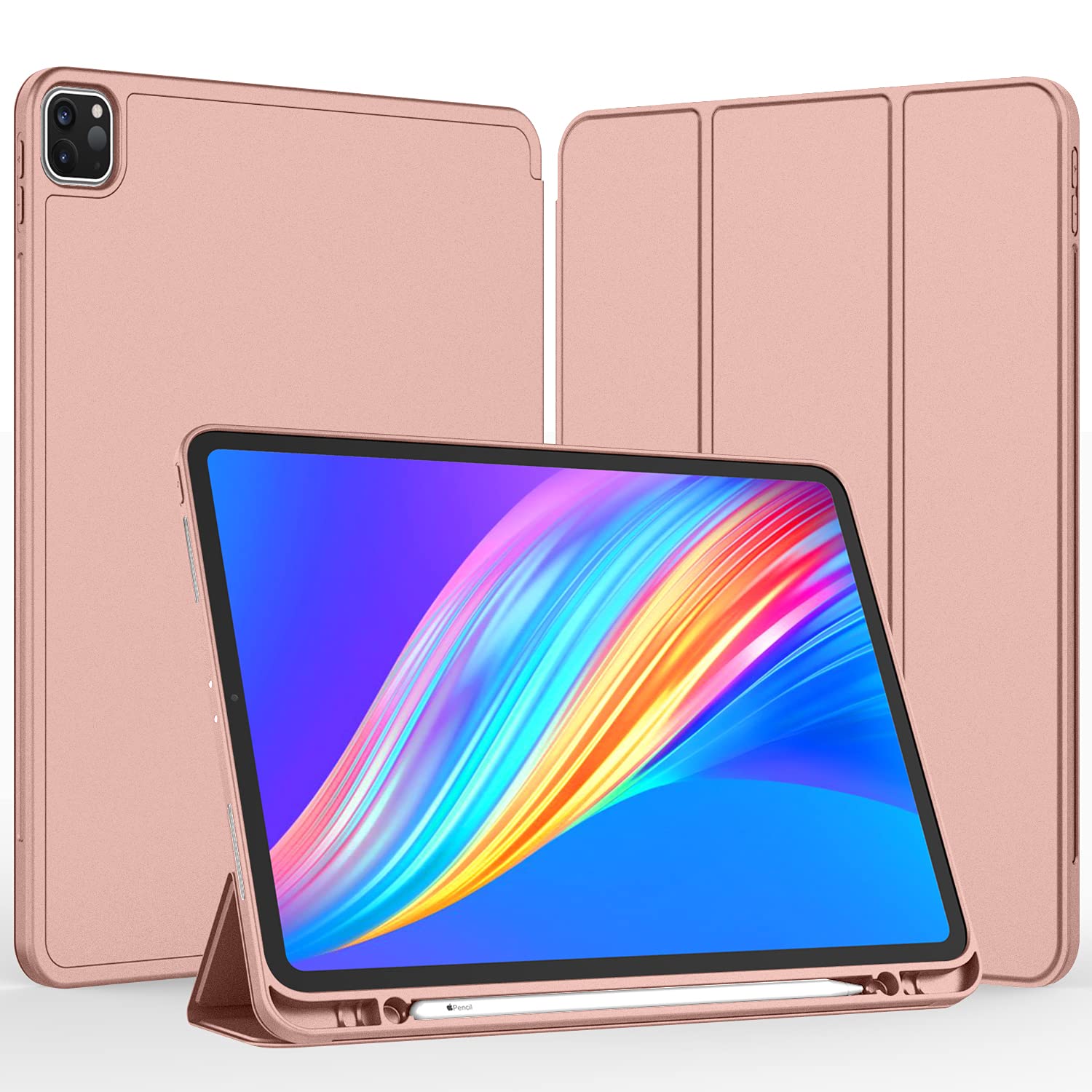 Imieet New Ipad Pro 12.9 Case 2022(6Th Gen)/2021(5Th Gen) With Pencil Holder [Support Ipad 2Nd Pencil Charging/Pair],Trifold Stand Smart Case With Soft Tpu Back,Auto Wake/Sleep(Rose Gold)