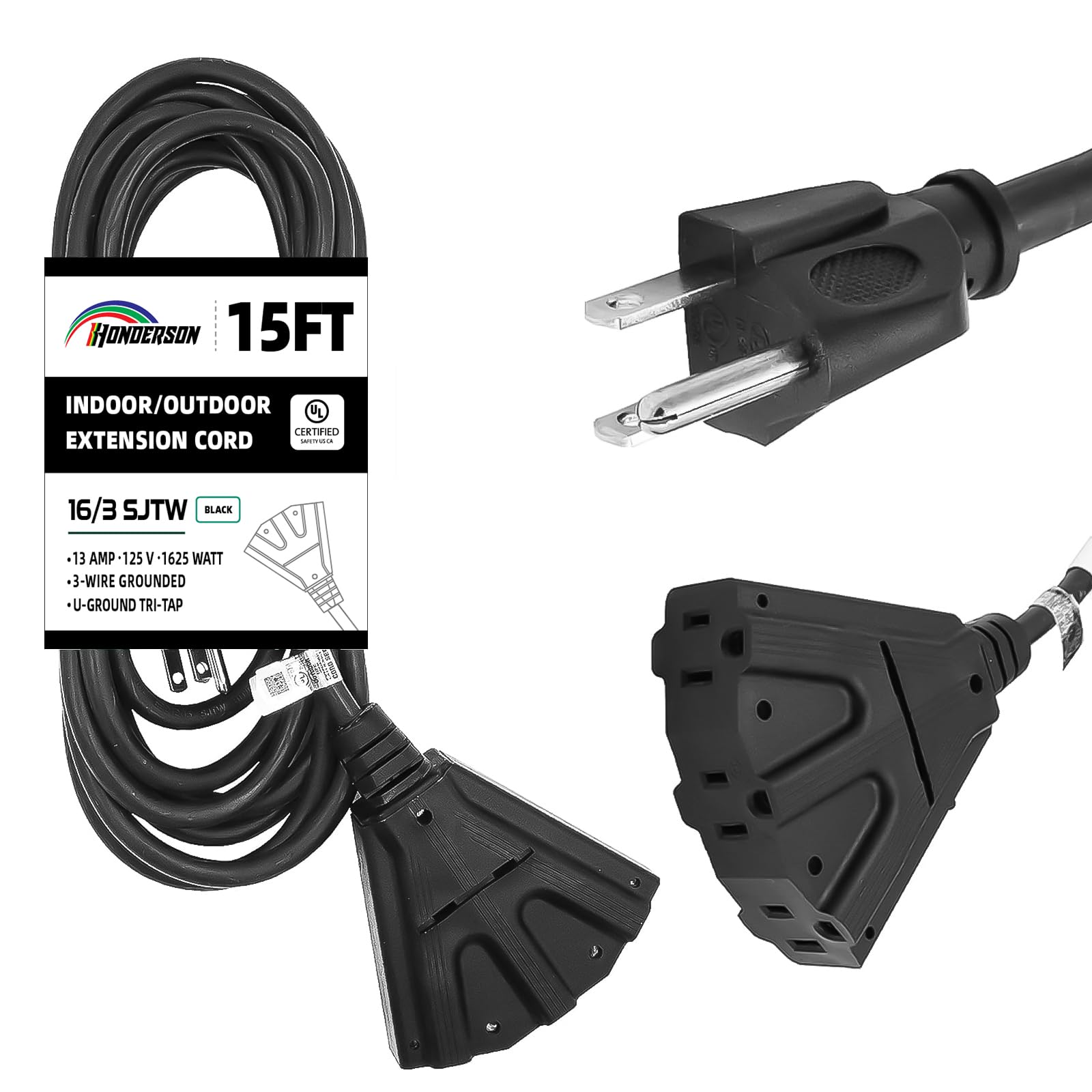 Honderson 3 Outlets Indoor Outdoor Extension Cord Weatherproof, Ul Listed, 16 Gauge 15Ft Black 3 Prong Heavy Duty, 16/3 Sjtw 13A