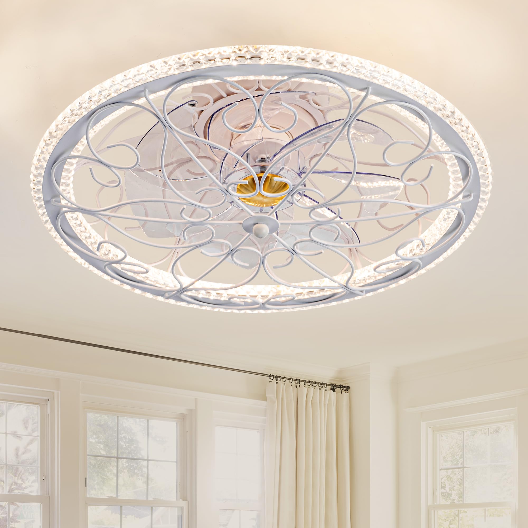 NORFOLK Low Profile Ceiling Fans with Lights and Remote, 20 Flush Mount Lighting Fan, Bladeless Caged Fandelier, 3 Colors Dimm