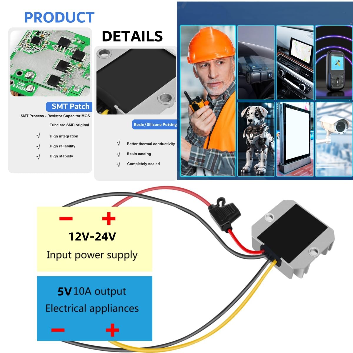 Yrdzxg12V/24V To 5V10A 50W Buck Converter With Fuse Voltage Regulator Voltage Reducer Power Converter Waterproof Transformer Ele