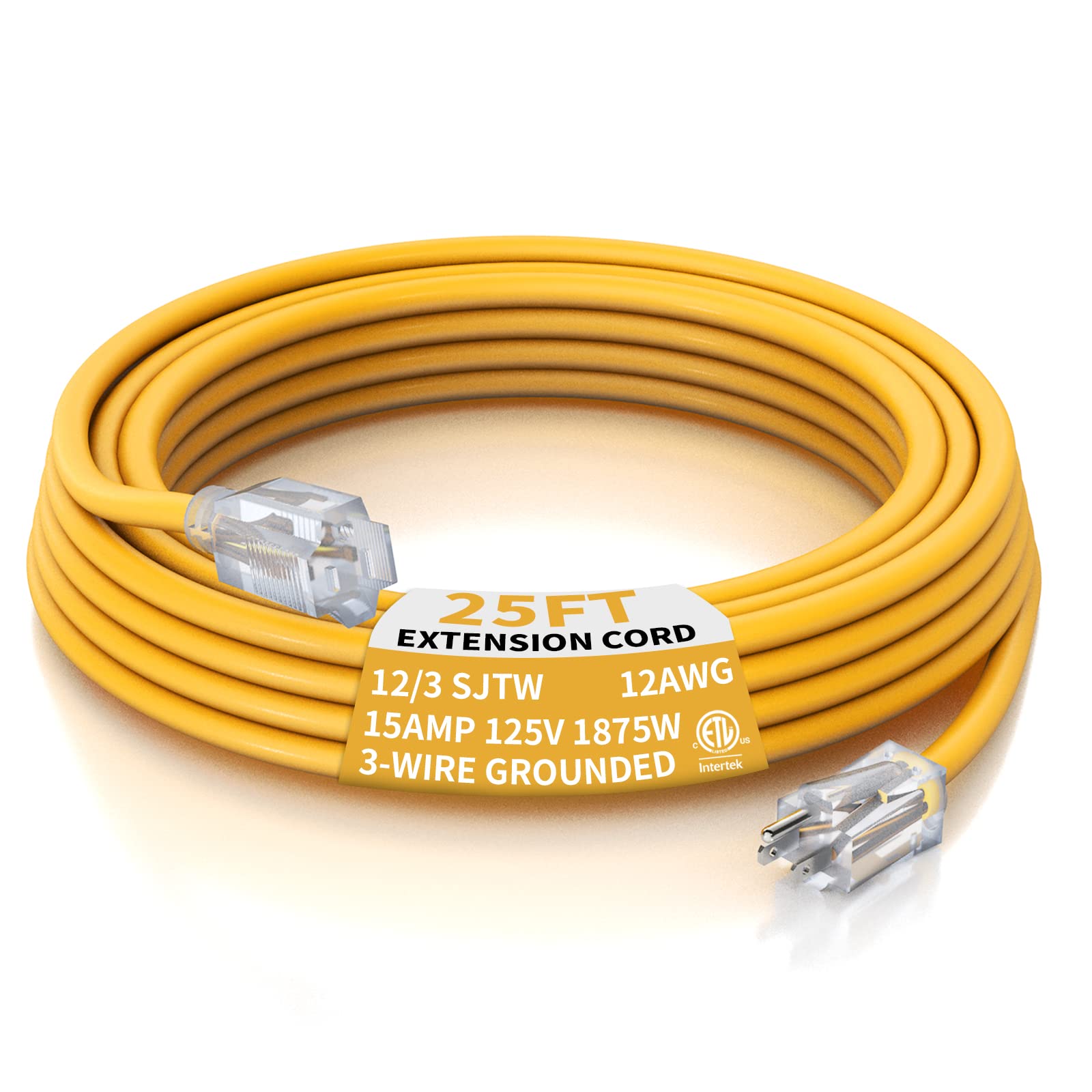 Plugtul 12 Gauge Extension Cord 25 Ft, Heavy Duty Outdoor Extension Cord Waterproof Lighted End Sjtw, 3 Prong Grounded Plug For