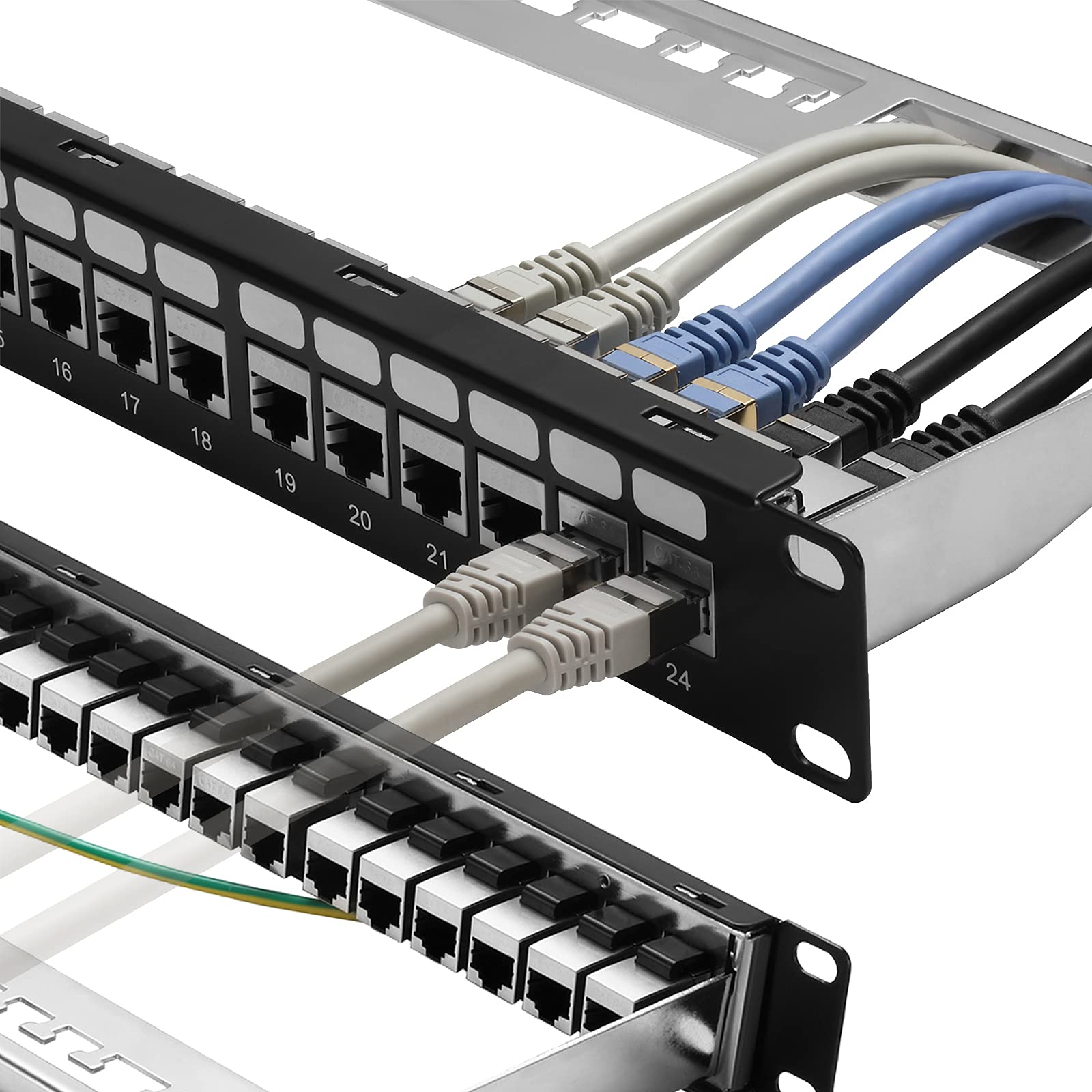 Rapink Patch Panel 24 Port Cat6A With Inline Keystone 10G Support, Coupler Patch Panel Stp Shielded 19 Inch With Removable Back Bar, 1U Network Patch Panel For Cat7, Cat6, Cat6A, Cat5E