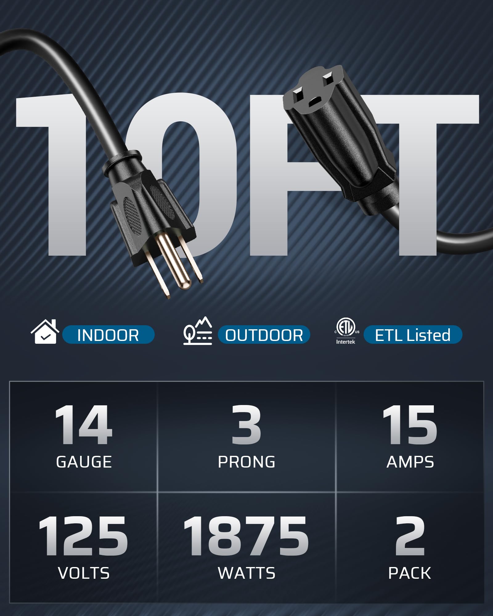 Dewenwils Extension Cord 10Ft, 14/3 Sjtw Weatherproof Power Cable For Indoor Outdoor Use, 3 Prong Heavy Duty Power Cord, Black,