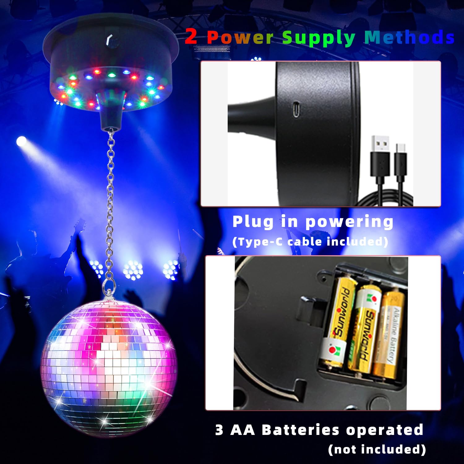 Disco Ball Rotating Motor With Chain 5Rpm 10Rpm Adjustable Speed,Plug/Battery Powered Mirror Ball Motor With 24 Led Beads For Di