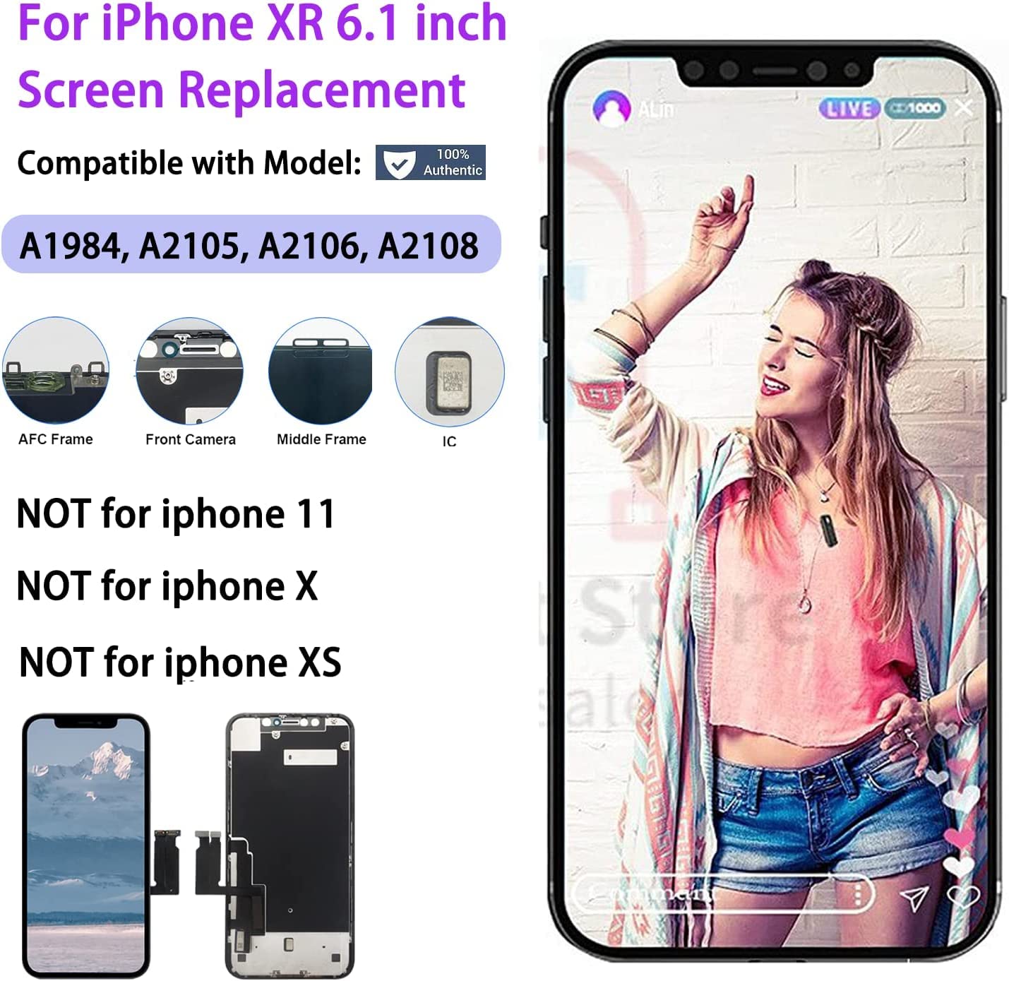 Simdog For Iphone Xr Screen Replacement Kit Cof Full Hd Lcd Display 6.1 Inch (Model A1984, A2105, A2106, A2108) 3D Touch Display