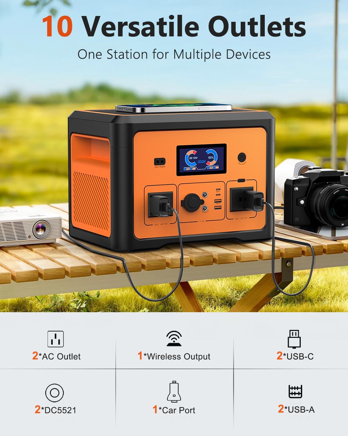 Portable Power Station 600W(Peak 1800W), Solar Generator With 384Wh Lifepo4 Battery, 10 Outputs & Ups Battery Backup, Generators