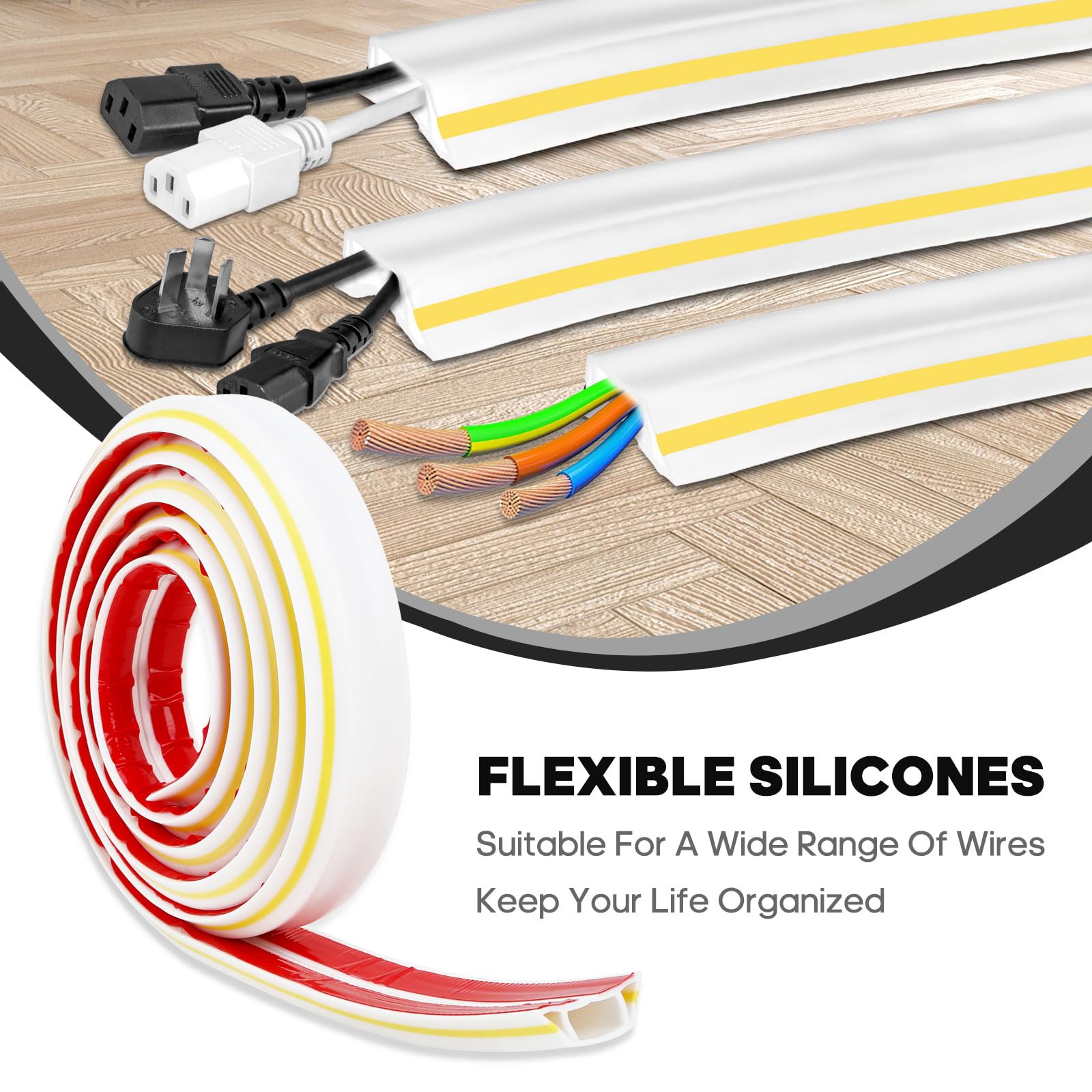 Chudeng 10ft Self-Adhesive Floor Cord Cover 3 Channels TPE White 2"W x 0.6"H