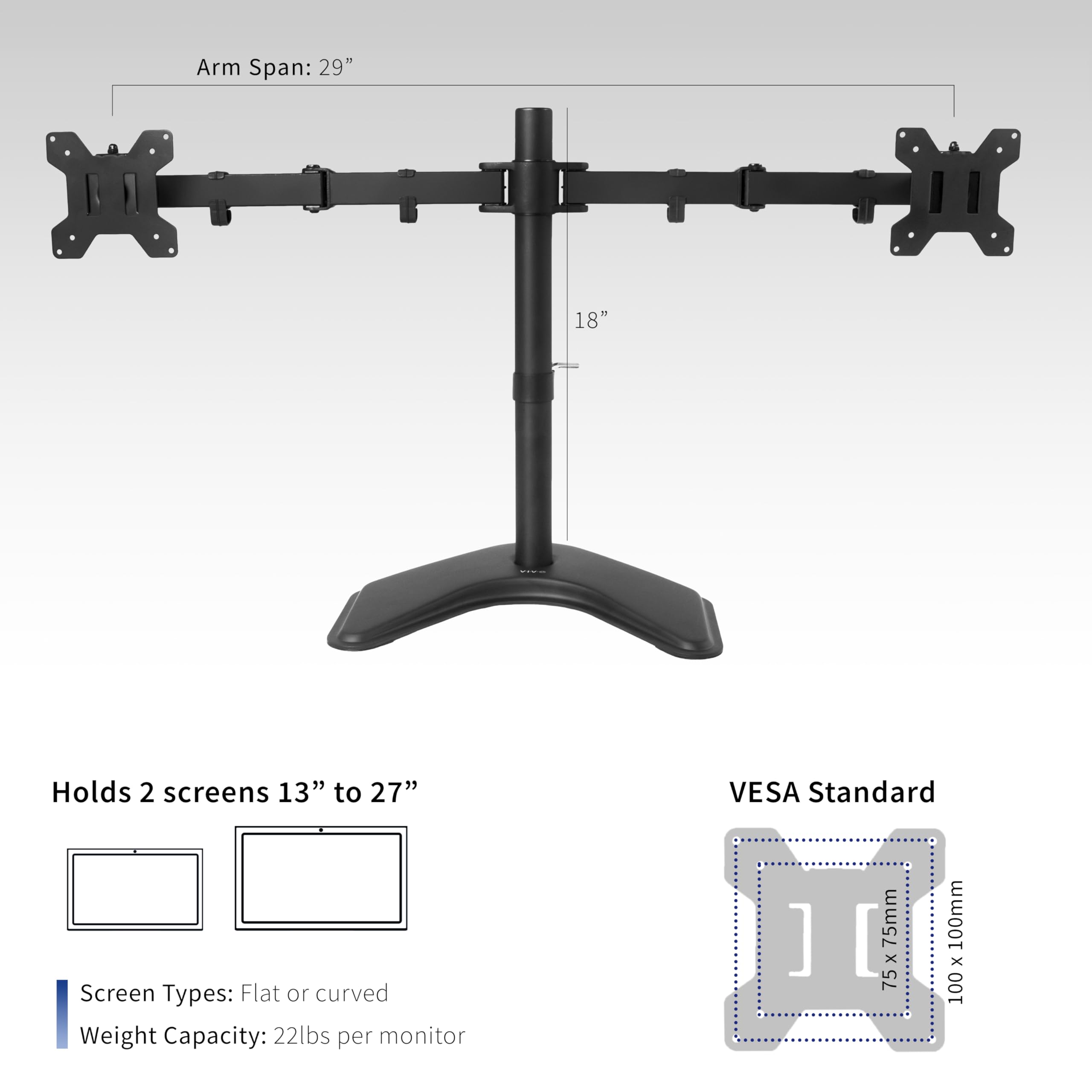 VIVO STAND V002F Dual LED LCD Monitor Free Standing Desk Stand for 2 Screens up to 27 Inch Heavy Duty Fully Adjustable Arms with Max VESA 100x100mm