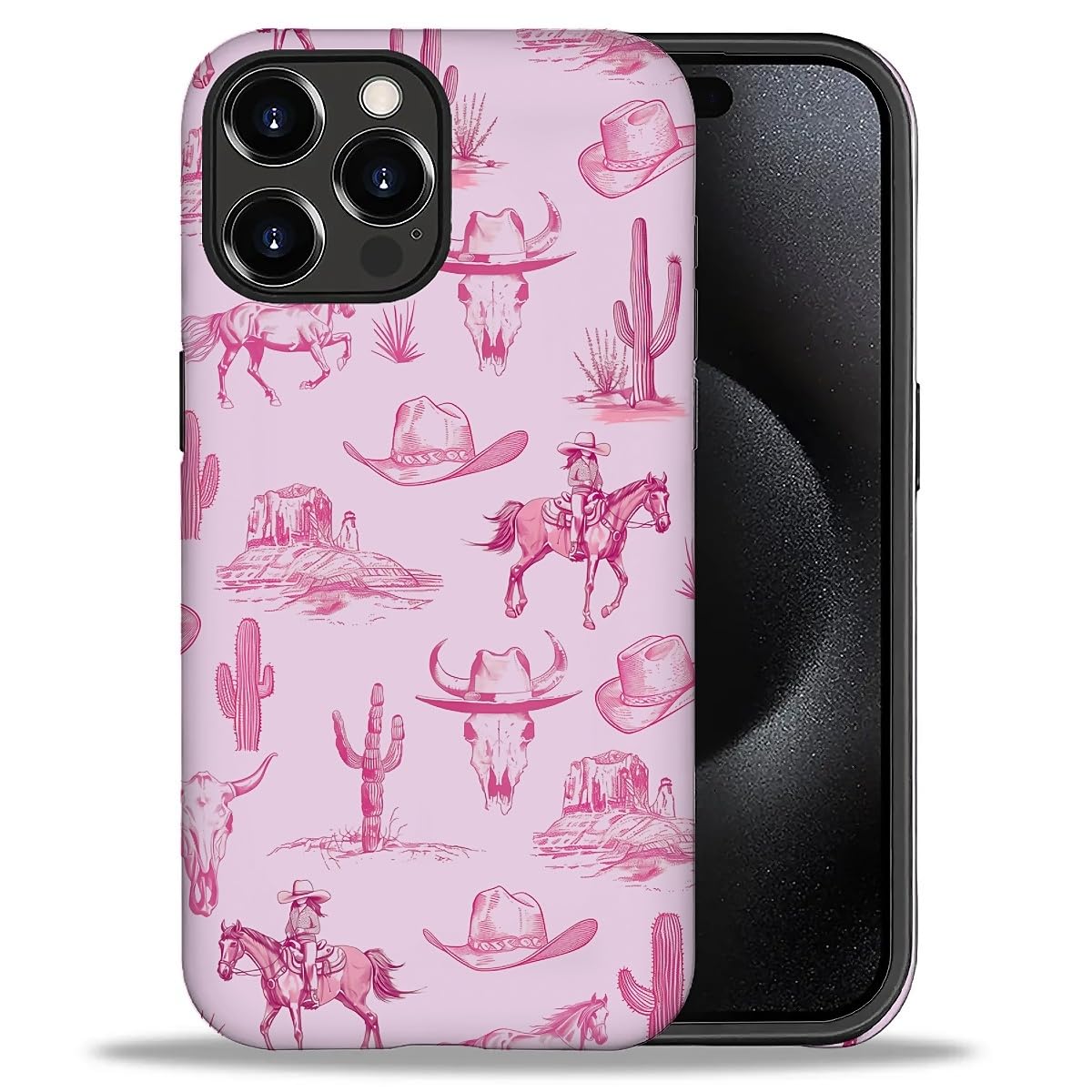 Smamz For Iphone 16 Pro Case, T2 Pink Desert Cowboy Horse Shockproof Rugged Cover Dual Layer Soft Tpu Hard Pc Bumper Case Design