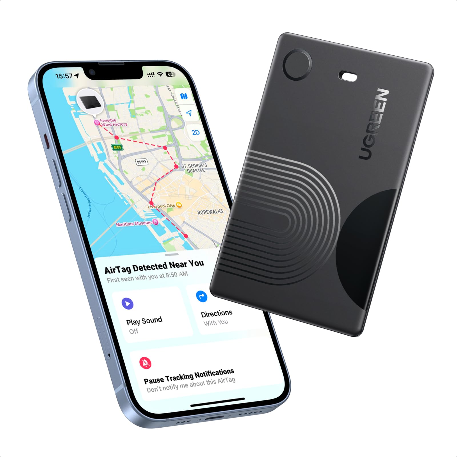 UGREEN FineTrack Slim Wallet Tracker Card (iOS Only), Bluetooth Air Tracker Tags Compatible with Apple Find My, Smart Tags for W