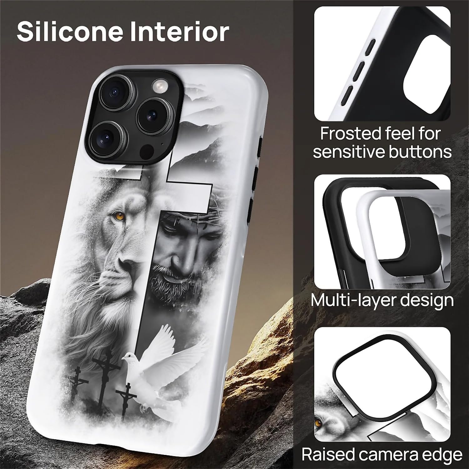 Fkbrcl4U For Iphone 15 Pro Max Case, Hybrid 2-Layer Silicone Protective Glossy Case For Magsafe For Iphone 15 Pro Max Lion Cross