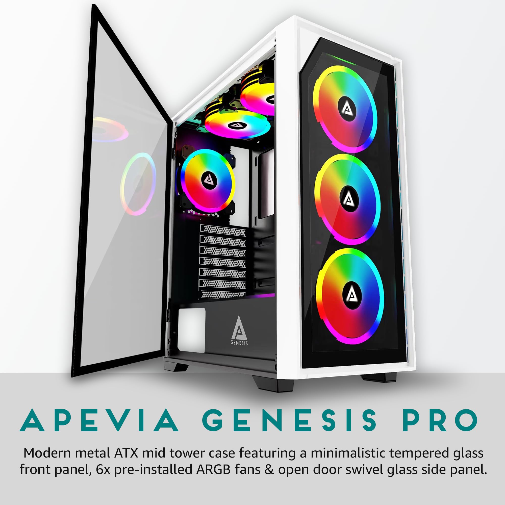 Apevia G Pro Wh Genesis Pro Mid Tower Gaming Case With 2 X Tempered Glass Panel, Top Usb3.0/Usb2.0/Audio Ports, 6 X Rgb Fans, Wh