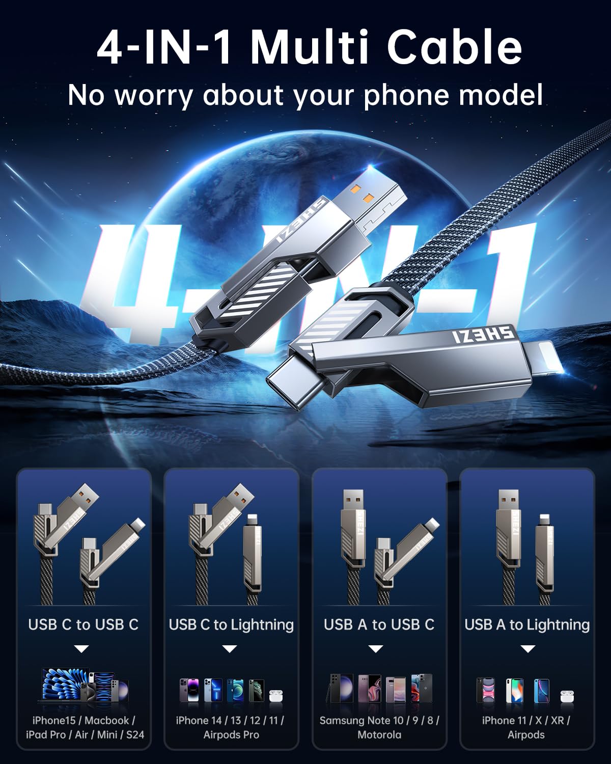 Shezi 4 In 1 Usb C Cable Lightning Cable 5Ft 60W, High Speed Charging [480Mbps Data Sync] Flat Nylon Braided Multi Charger Cord
