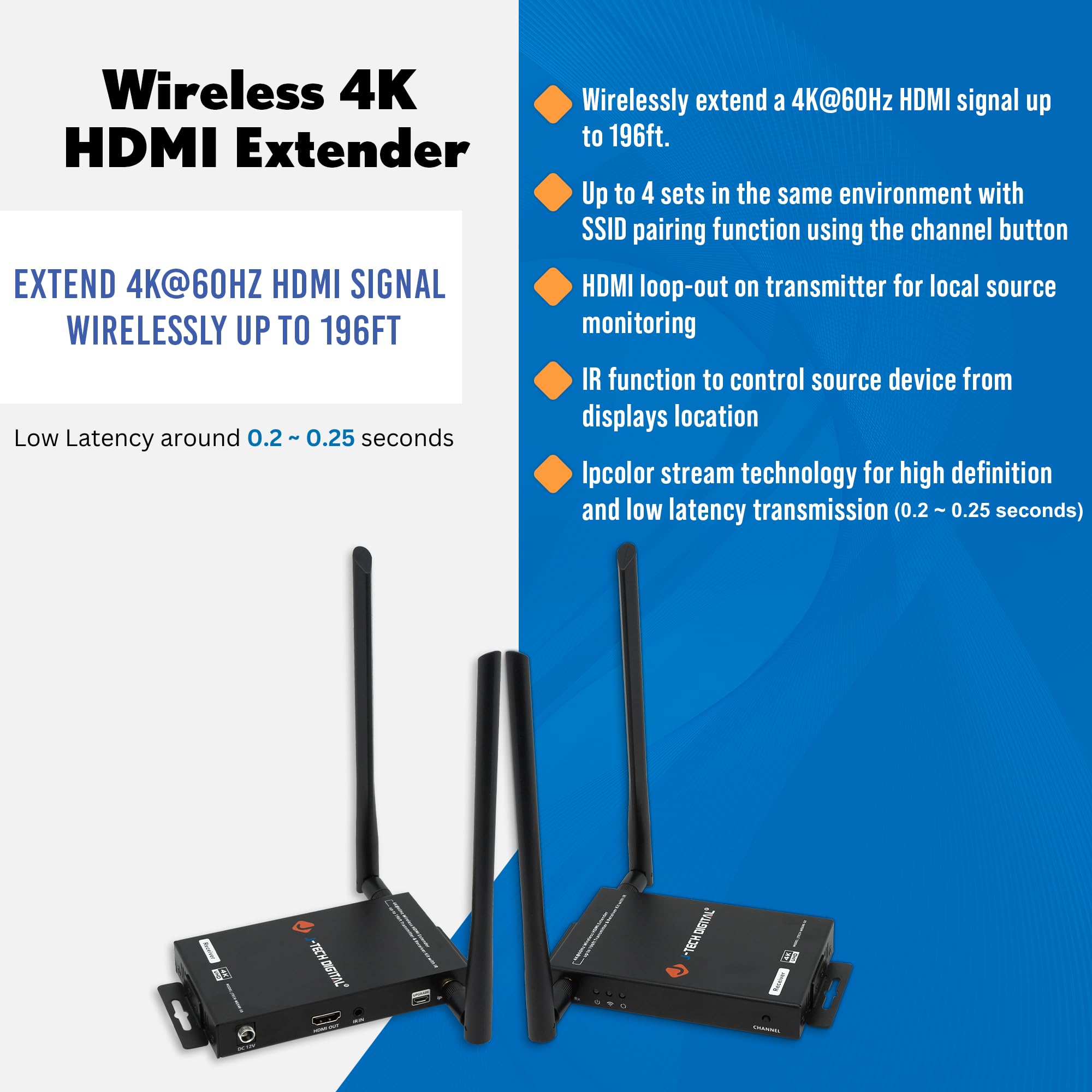Wireless Hdmi Transmitter And Receiver 4K 60Hz Up To 196Ft., 5.1/5.2 Ghz Low Latency Hdmi Loop Output Ssid Pairing Channel Chang