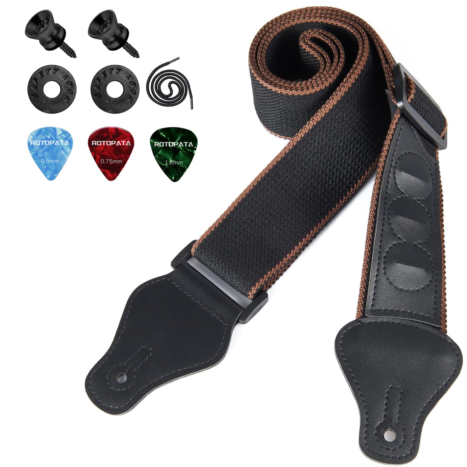 Rotopata Guitar Strap With Pick Holders, 2 Buttons 2 Locks 3 Guitar Picks, Cotton Strap With Pu Leather Ends, Length Adjustable(