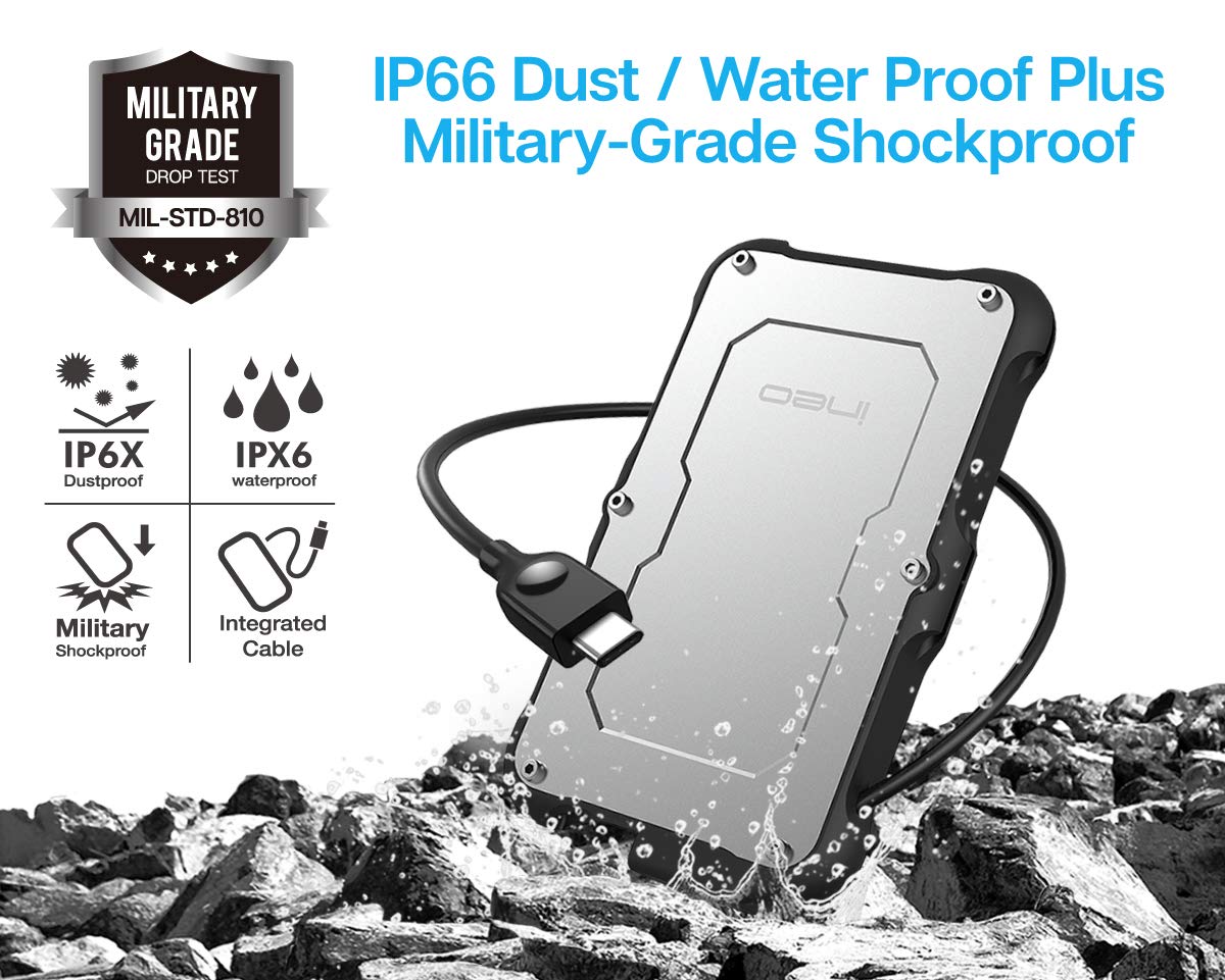 Ineo 2.5' Usb 3.1 Gen 2 Type C Rugged Waterproof & Shockproof External Hard Drive Enclosure For 9.5Mm & 7Mm Sata Hdd/Ssd [C2580]