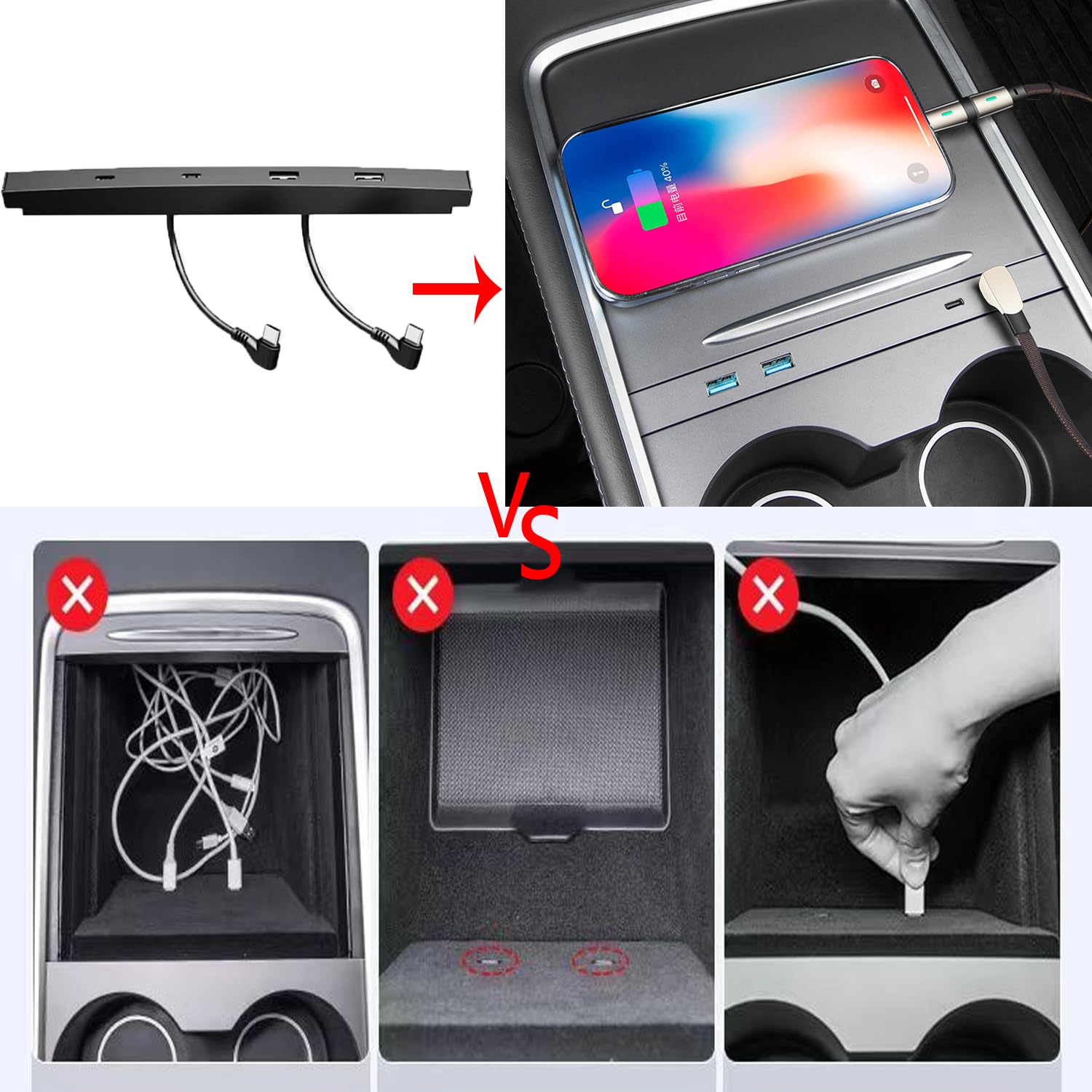 Usb Hub For Tesla Model Y Model 3 2021 2023 Center Console, Silver Usb Hub For Tesla Model Y Support Usb& Type C Fast Charging.