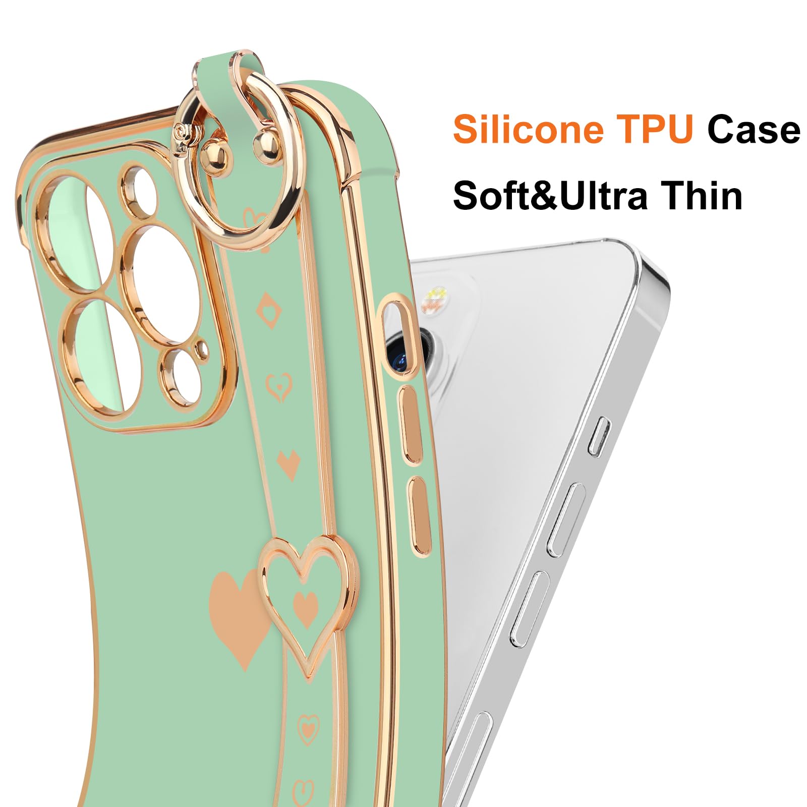 Llz.Coque For Iphone 12 Pro Case Cute Love Heart Plating Strap Phone Cover For Women Girls Bling Soft Silicone Camera Lens Prote