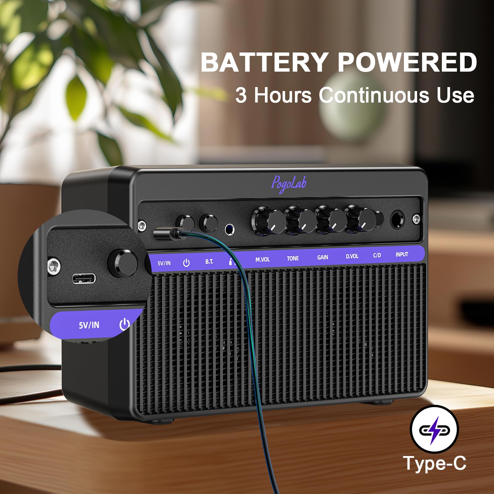 Portable Electric Guitar Amplifier, Pogolab Mini 10W Dual Speakers Bluetooth Amp With Rechargeable Battery (5H Play), Clean/Dist