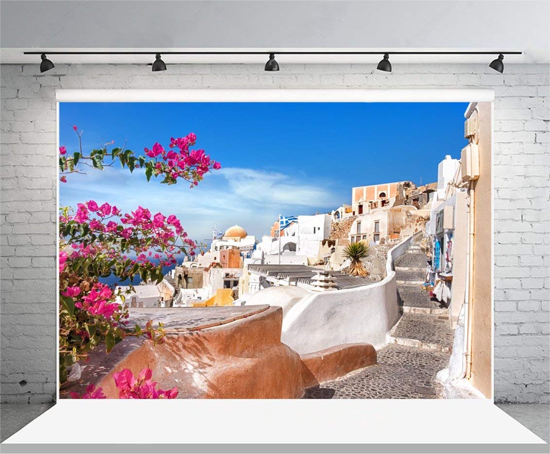 Laeacco Santorini Town View Backdrop 10X6.5Ft Greece Summer Sea House Landscape Photography Background White Architecture Blue Sky Blossom Flowers Holiday Party Bridal Shower Wedding Photo Studio Prop