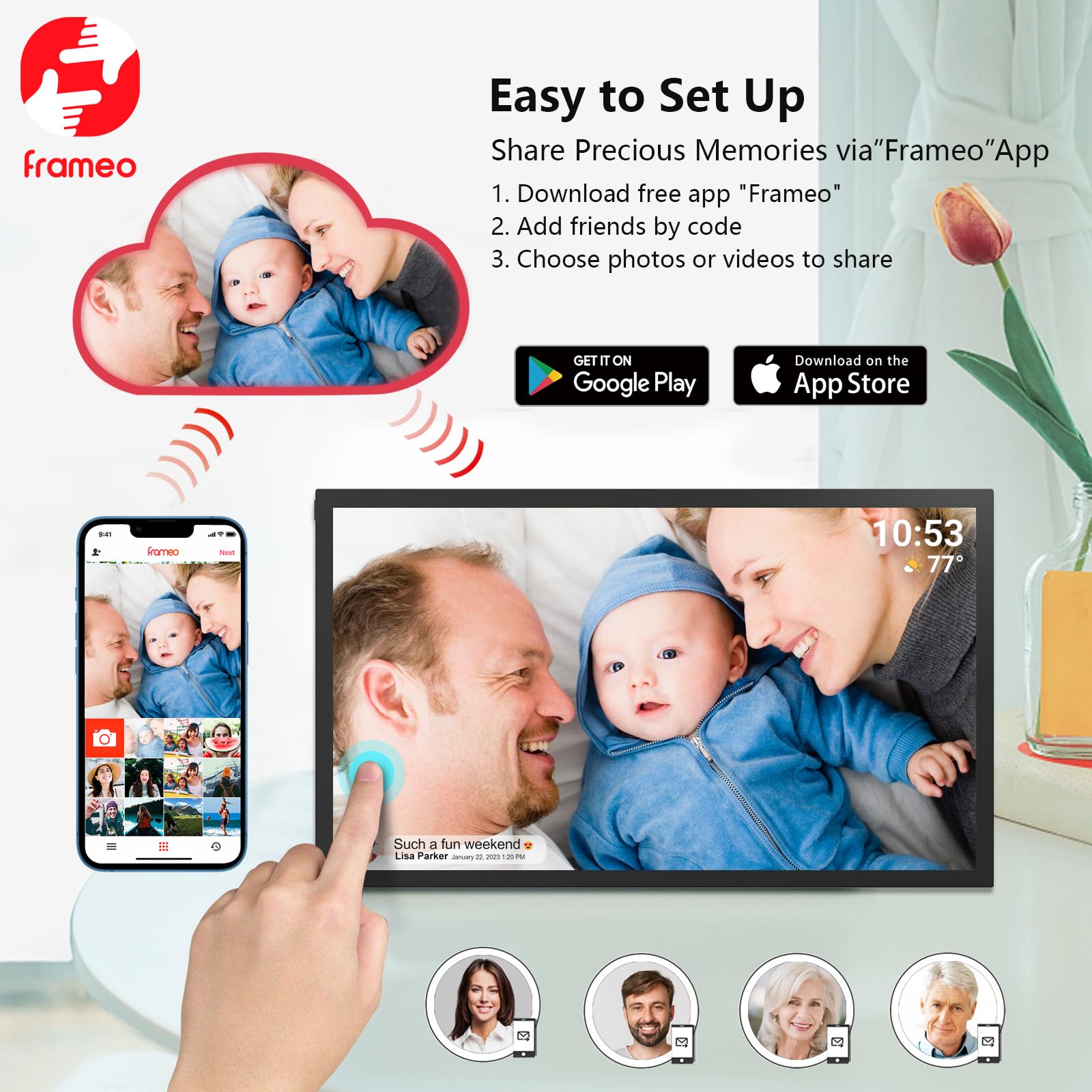 ???????? Frameo Digital Photo Frame, 21.5 Inch Large Wifi Digital Picture Frame With 1920X1080 Fhd Ips Touch Screen, Usb/Micro S