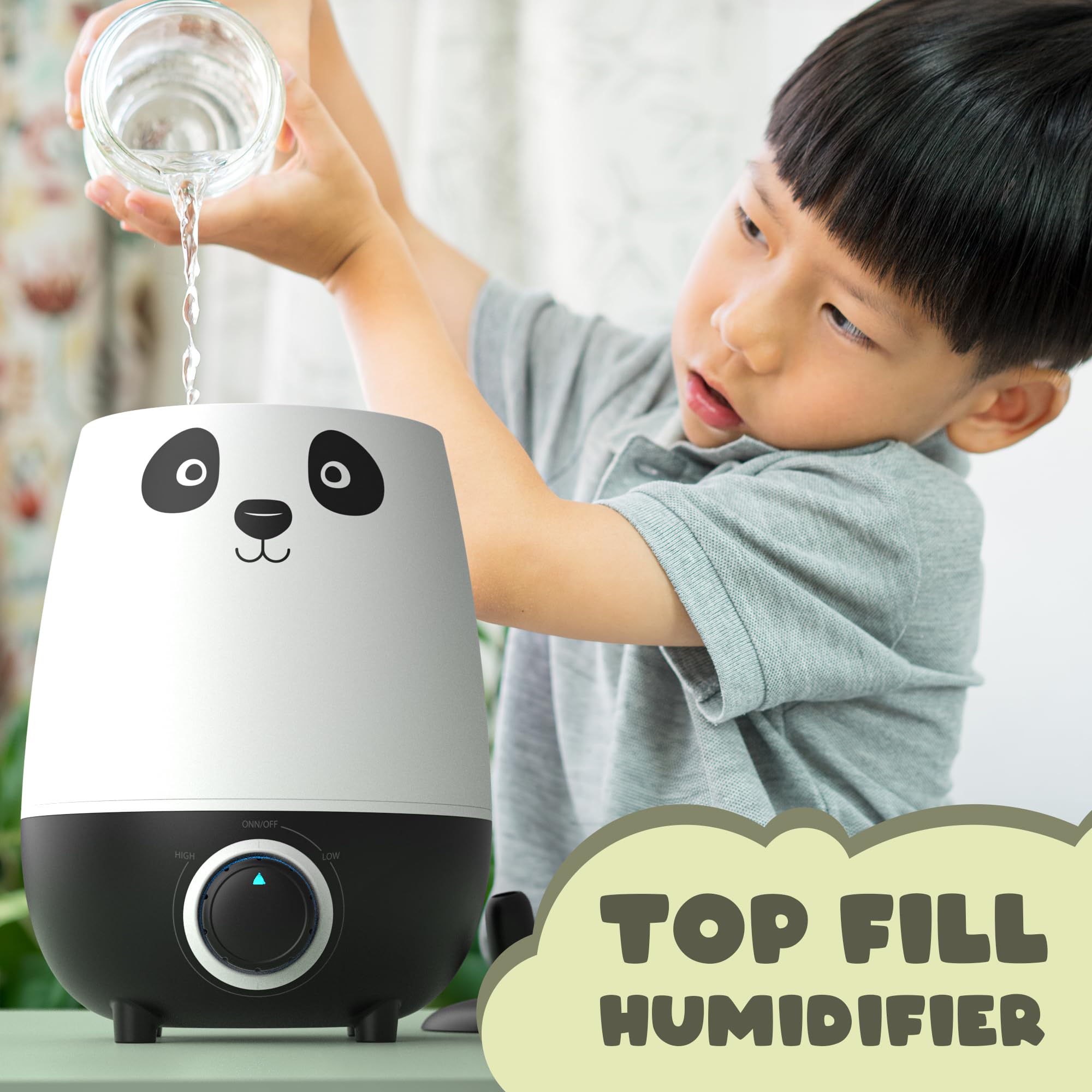 Everlasting Comfort Panda Baby Humidifier, 2.5L Top Fill Whisper Quiet Humidifier For Baby Nursery & Kids Bedroom, Easy Clean &
