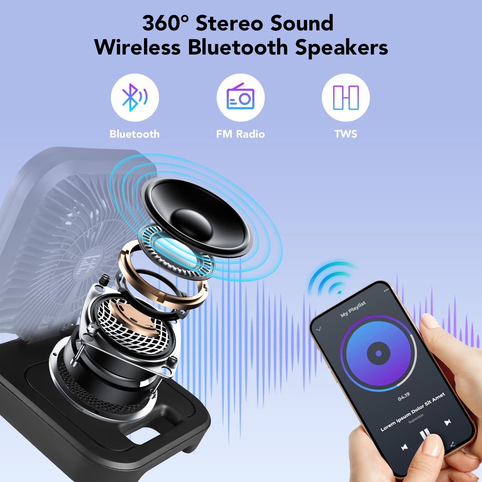 Delxo Bluetooth Speaker With Fan Rechargeable Outdoor,Wireless Speaker With Led Desk Night Light For Indoor Office,Portable Fan