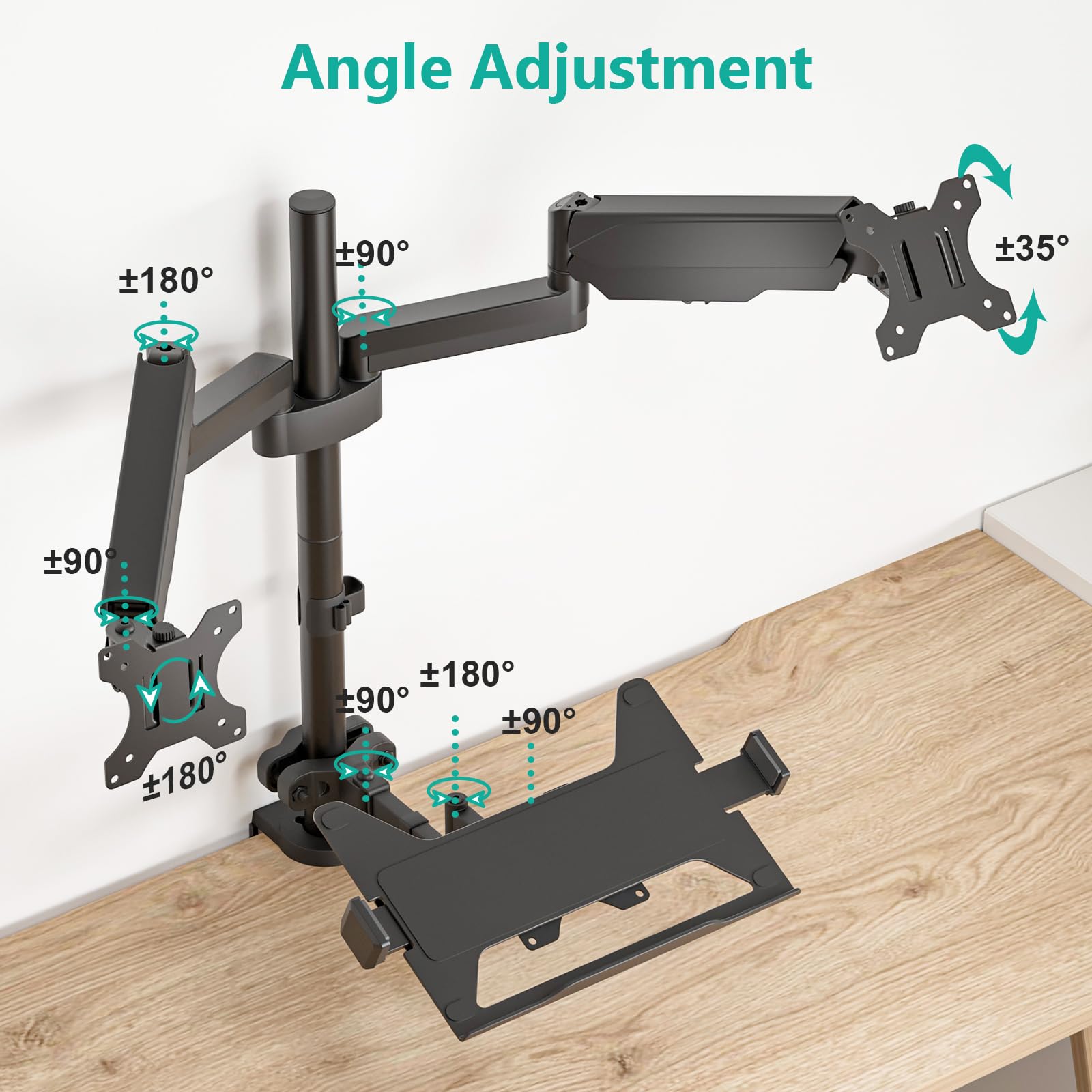 WALI Laptop Mount and Dual Monitor for Max 32' Monitor and 17' Laptop, Adjustable Spring Arm with Tilt, Swivel and Rotation, Dual Monitor and Notebook Stand with VESA 75/100mm(GSDM003LP), Black