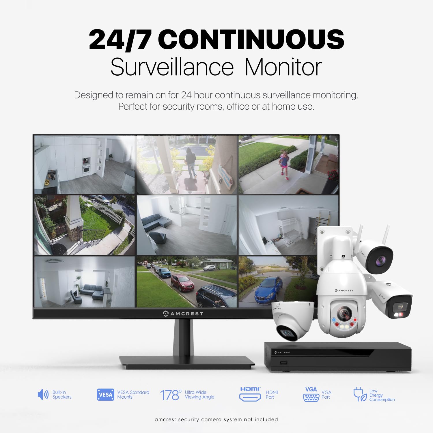 Amcrest 24/7 Surveillance Video Monitor Screen, 24 Inch Pc Computer Nvr/Dvr Monitor, 1080P Fhd 60Hz With Hdmi Vga, Micro Bezel D