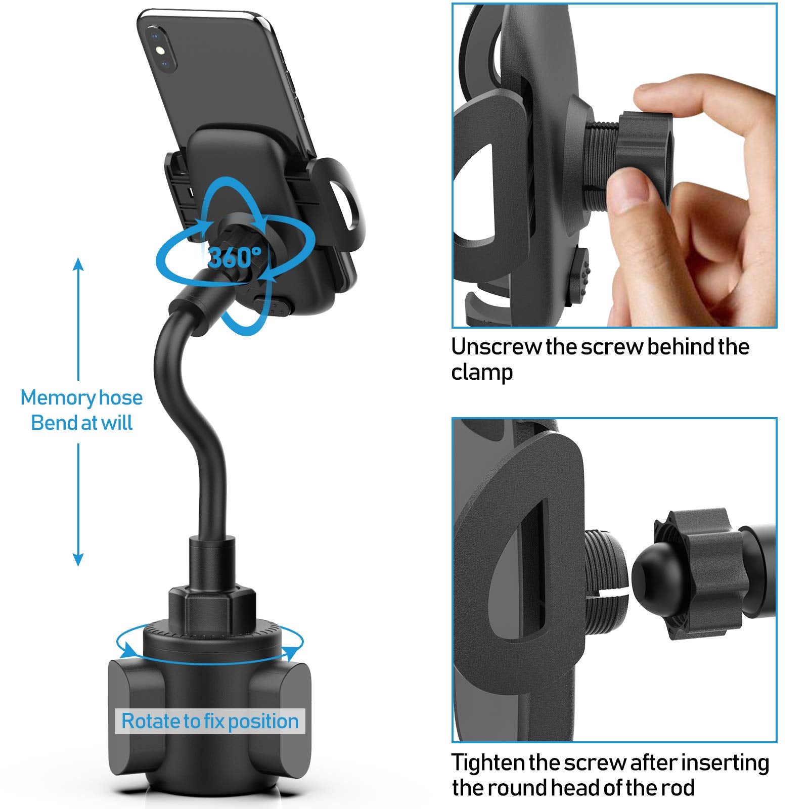 Bokilino Cup Car Phone Holder For Car, Car Cup Holder Phone Mount, Universal Adjustable Gooseneck Cup Holder Cradle Car Mount Fo