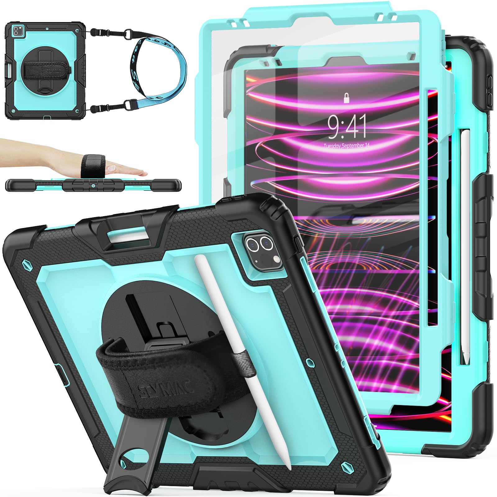 Seymac Stock Case For Ipad Pro 12.9'' 2022/2021/2020/2018 With Screen Protector 360 Rotating Stand Hand Strap, Drop Proof Case F