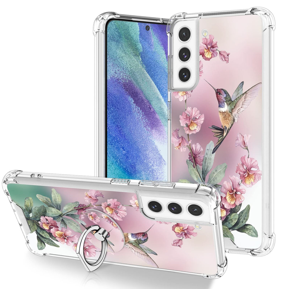 Ook Clear Case Compatible With Samsung Galaxy S21 Fe 5G, Pink Hummingbird Pattern Flexible Tpu Shockproof Anti-Scratch Bumper Tr