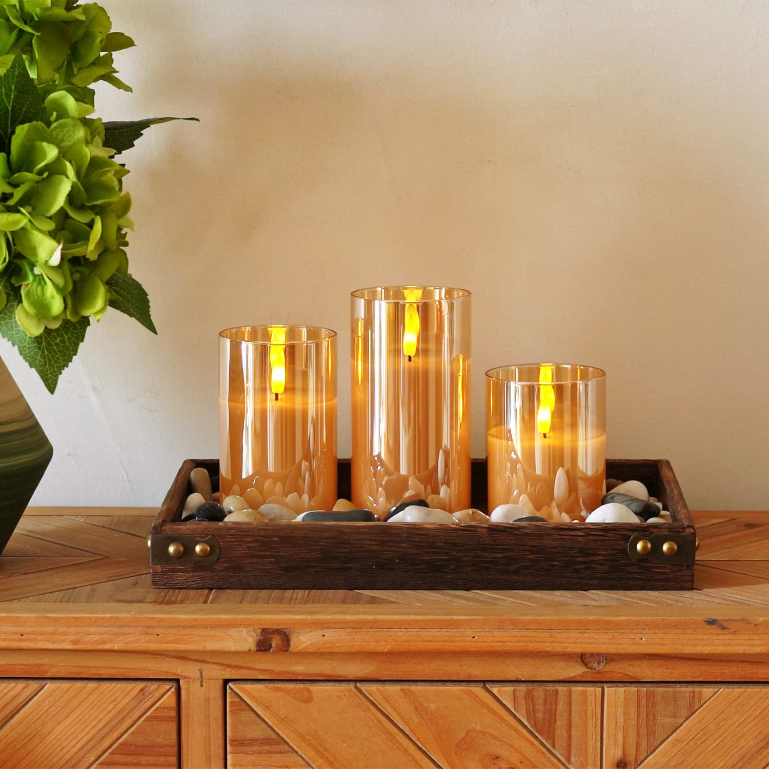 Homemory Amber Glass Flameless Candles, Battery Operated Led Pillar Candles With Remote Control And Timer, Radiance Candles, Rea