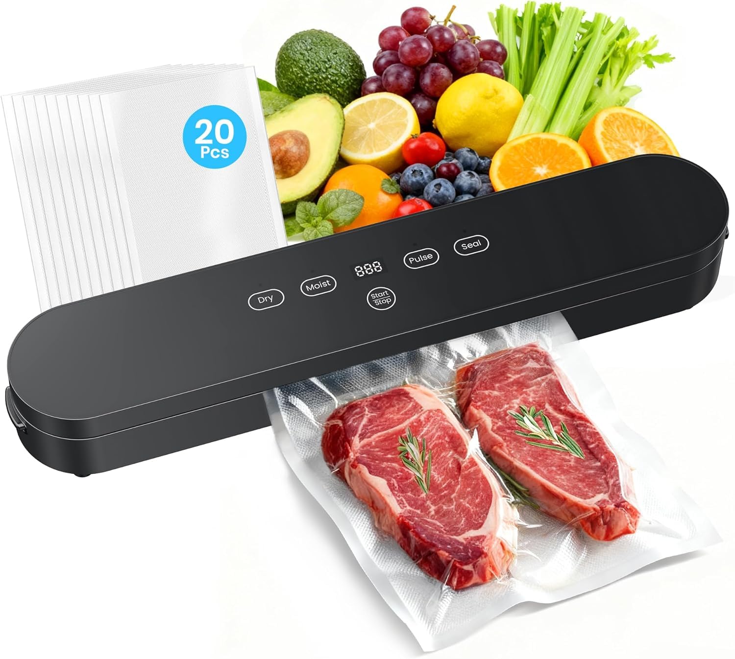 75kPa Vacuum Sealer Machine, Compact Vacuum Sealer for Food, 4-in-1 Food Sealer, Digital Timer, Moist/Dry, Pulse, Seal Modes, wi