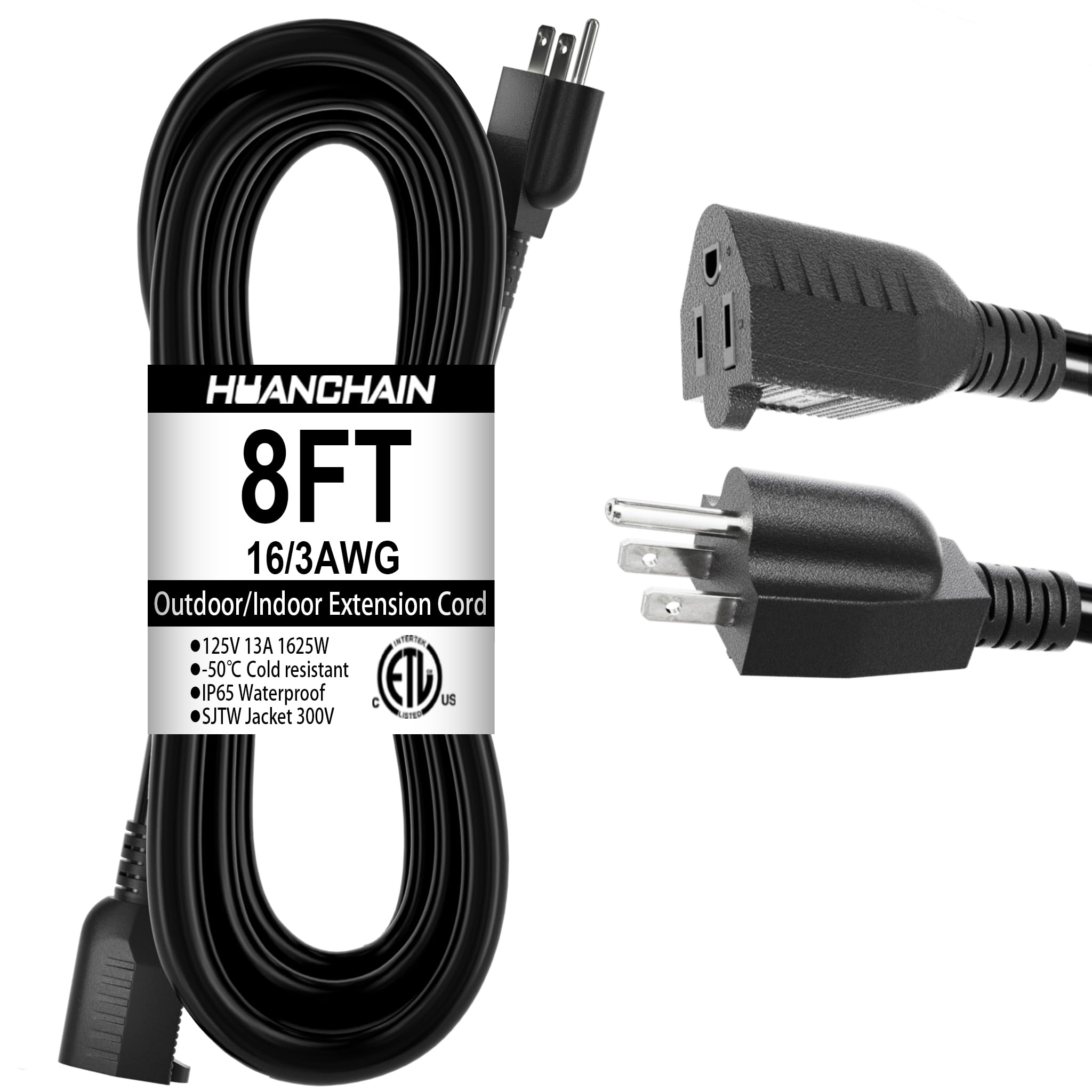 Huanchain 8 Ft 16 Gauge Black Indoor Outdoor Extension Cord Waterproof, Flexible Cold Weather 3 Prong Electric Cord Outside, 13A
