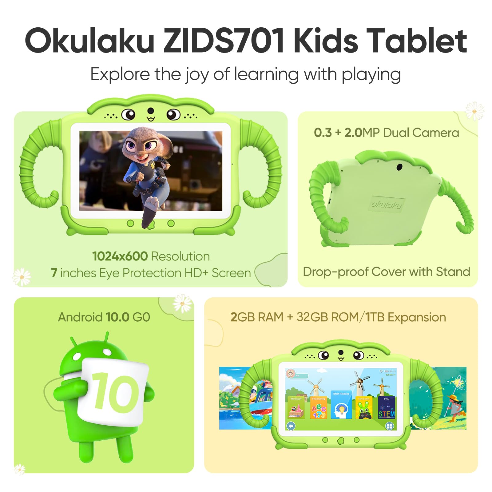 Kids Tablet 7 Inch Toddler Tablet For Kids 32Gb Android Tablets With Bluetooth Wifi Dual Camera Ips Screen Kid Proof Case Kids E