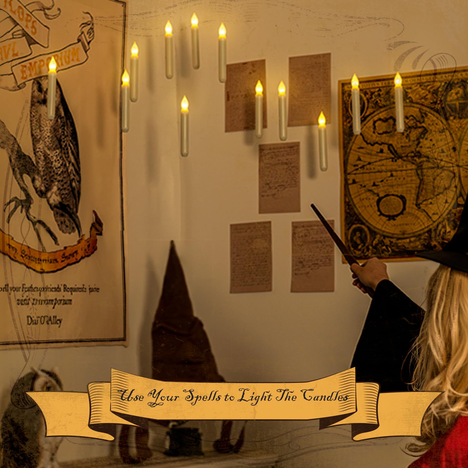 Homemory Hanging Floating Candles With Wand Remote And String, 12 Pcs Flying Flameless Led Taper Candles Warm White Light, Batte