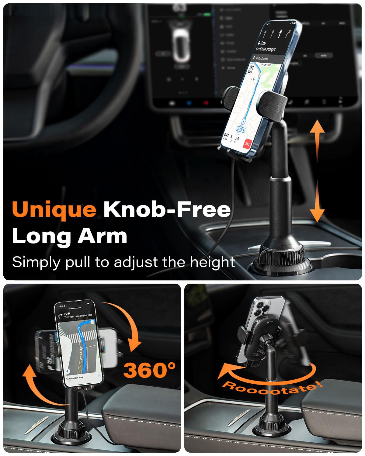 Apps2Car Solid Cup Holder Phone Mount For Car Wireless Charger 15W With Quick Extension Long Arm Fast Swivel Adjustable Height 3