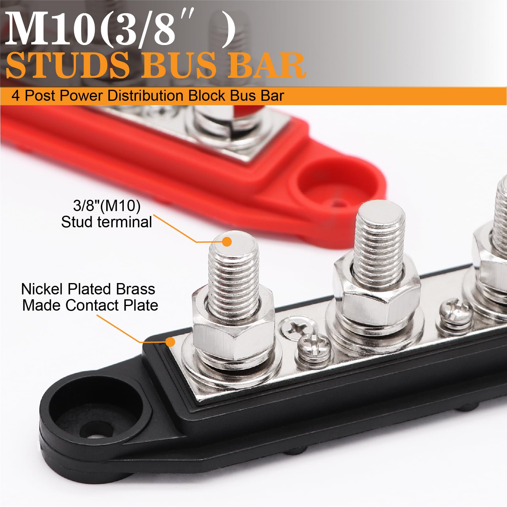 Taukealugs 250A Power Distribution Block Bus Bar 3/8 Inch Battery Terminal Stud 4 Post With Cover And Wire Lugs For Marine Autom