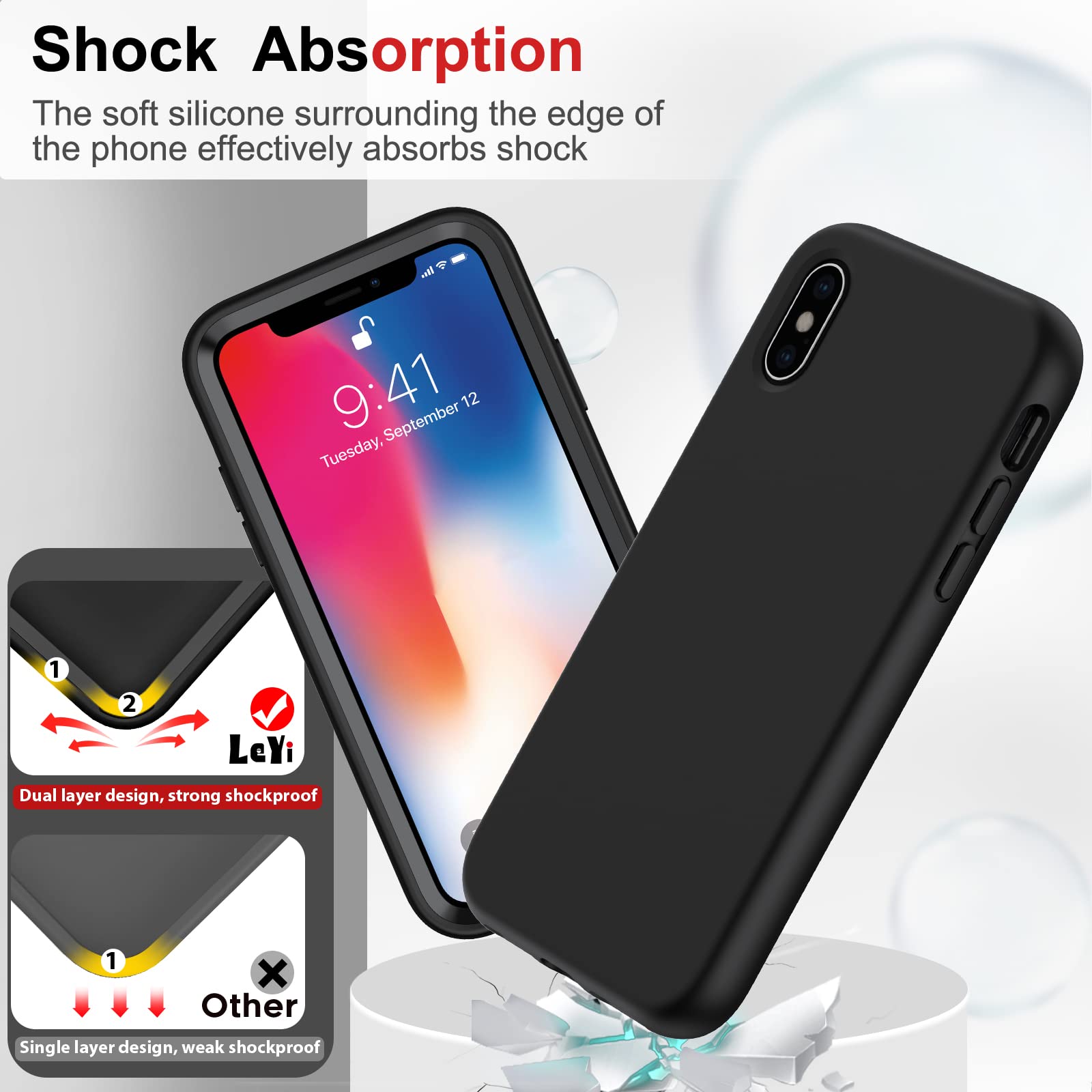 Leyi For Iphone 10 Case, Iphone X Case With [2 X Tempered Glass Screen Protector] For Men, Full Body Shockproof Soft Liquid Sili